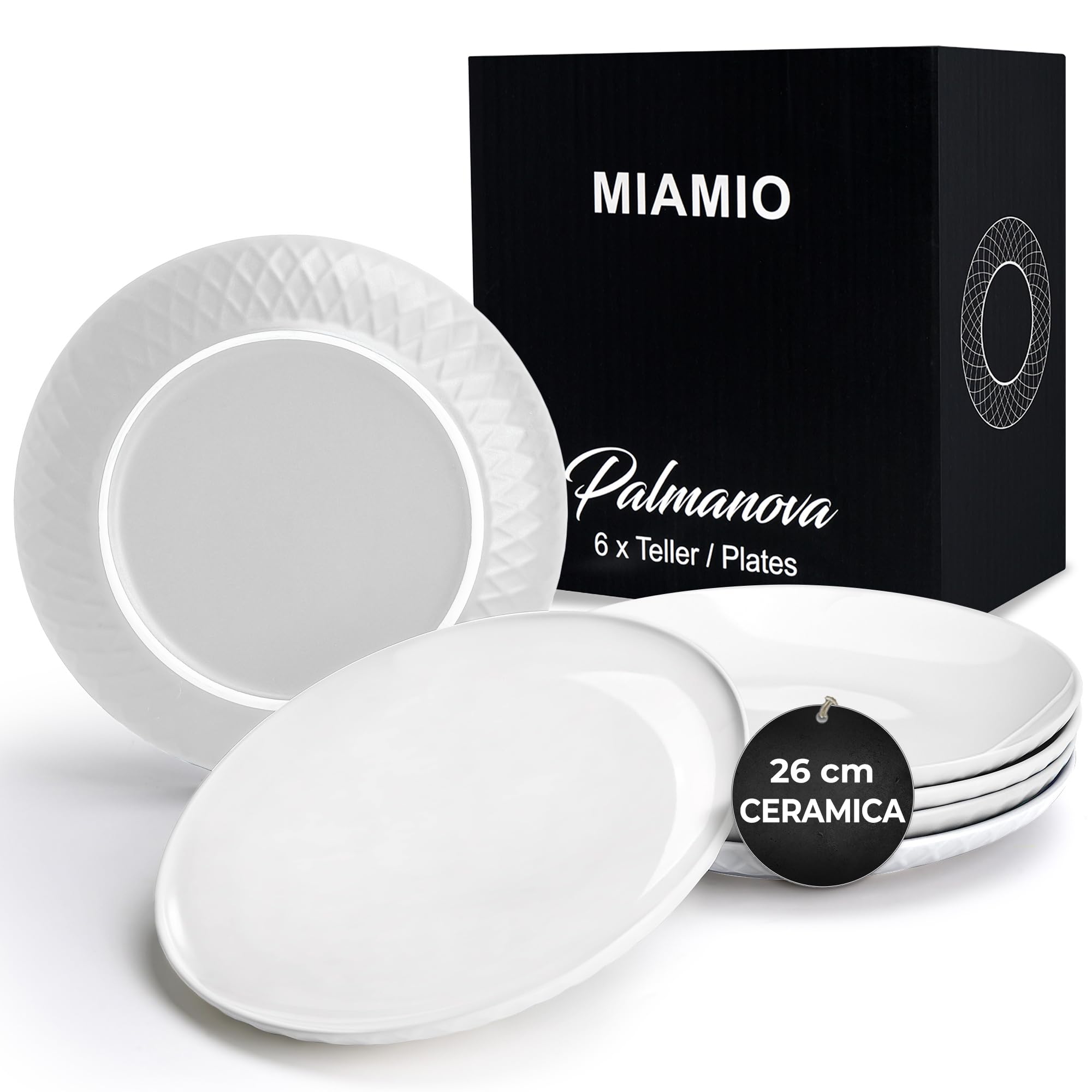 MIAMIO - Set di 6 piatti/Set di piatti moderni in ceramica/gres - Collezione Palmanova (26 cm, Blanco)