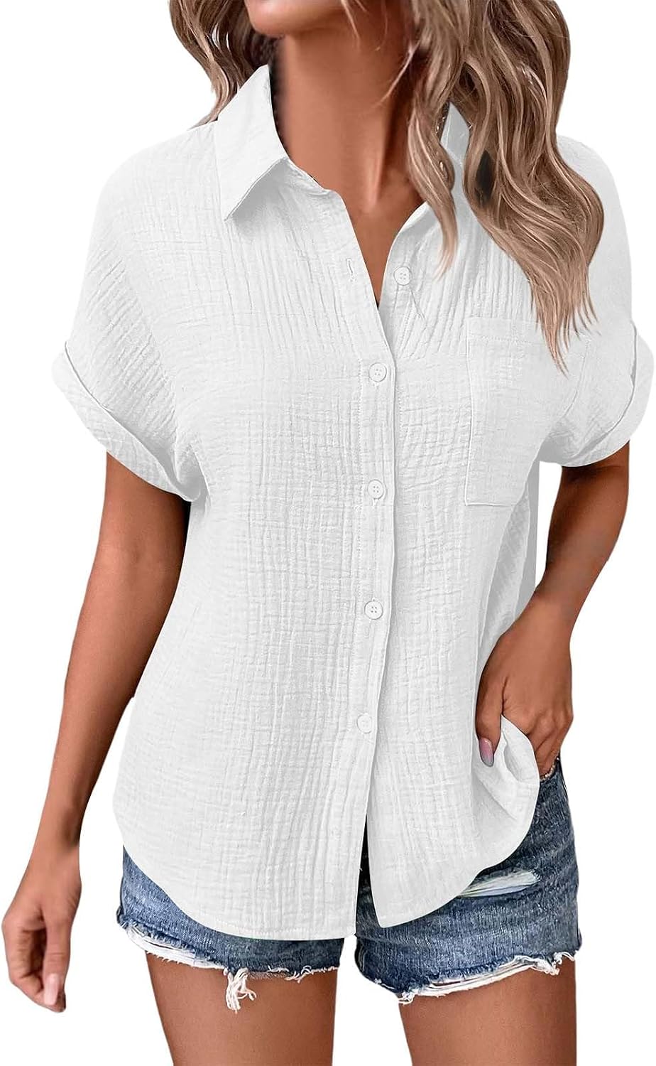 Womens Button Down Linen Shirt Short Batwing Sleeve Cotton Blouse Summer Loose Fit Beach Tops with Patched Pocket