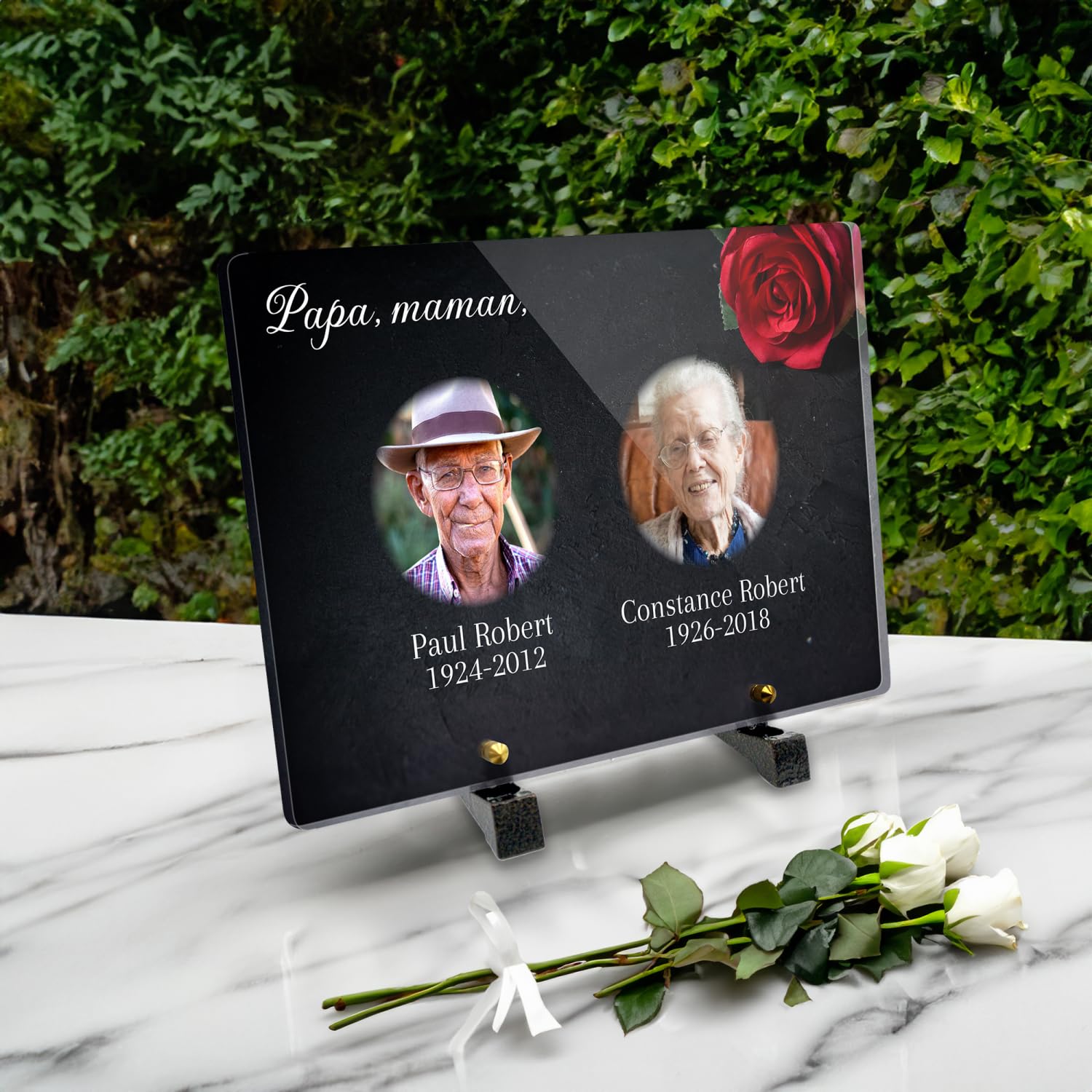 Plaque funéraire Personnalisable en plexiglass avec Double Photos, Hommage pour Couples, Motif Rose, Format 30x20 cm