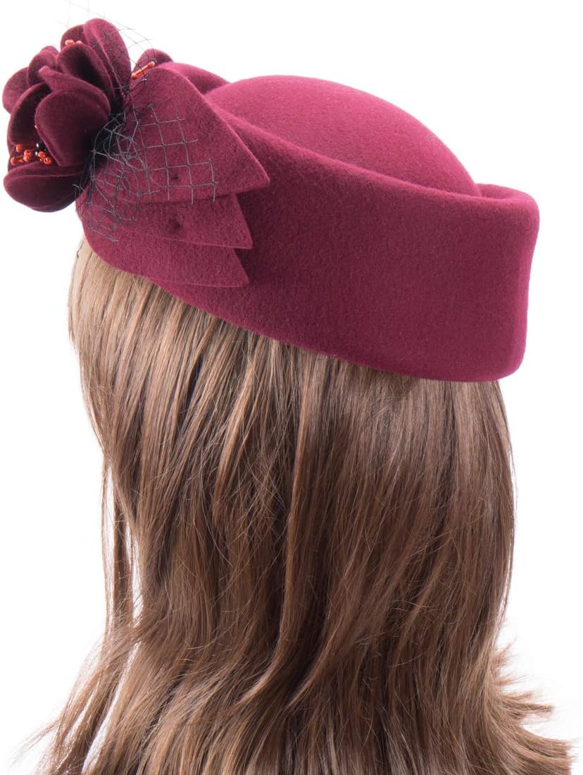 Lawliet Wine Red Women Fascinator Pillbox Felt Wool Hat Formal Dress Flower Veil A131