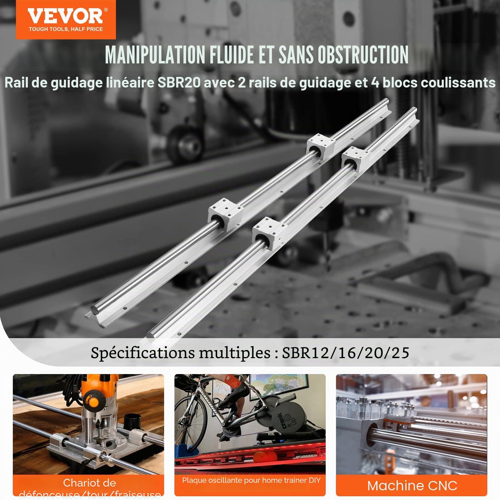 VEVOR Rail de Guidage Linéaire SBR20 800 mm 2PCS Rails Linéaires 800 mm 4PCS Blocs Roulement SBR20UU Kit Glissières à Roulement Linéaire pour Machines Automatisées Routeurs CNC Tours Imprimantes 3D