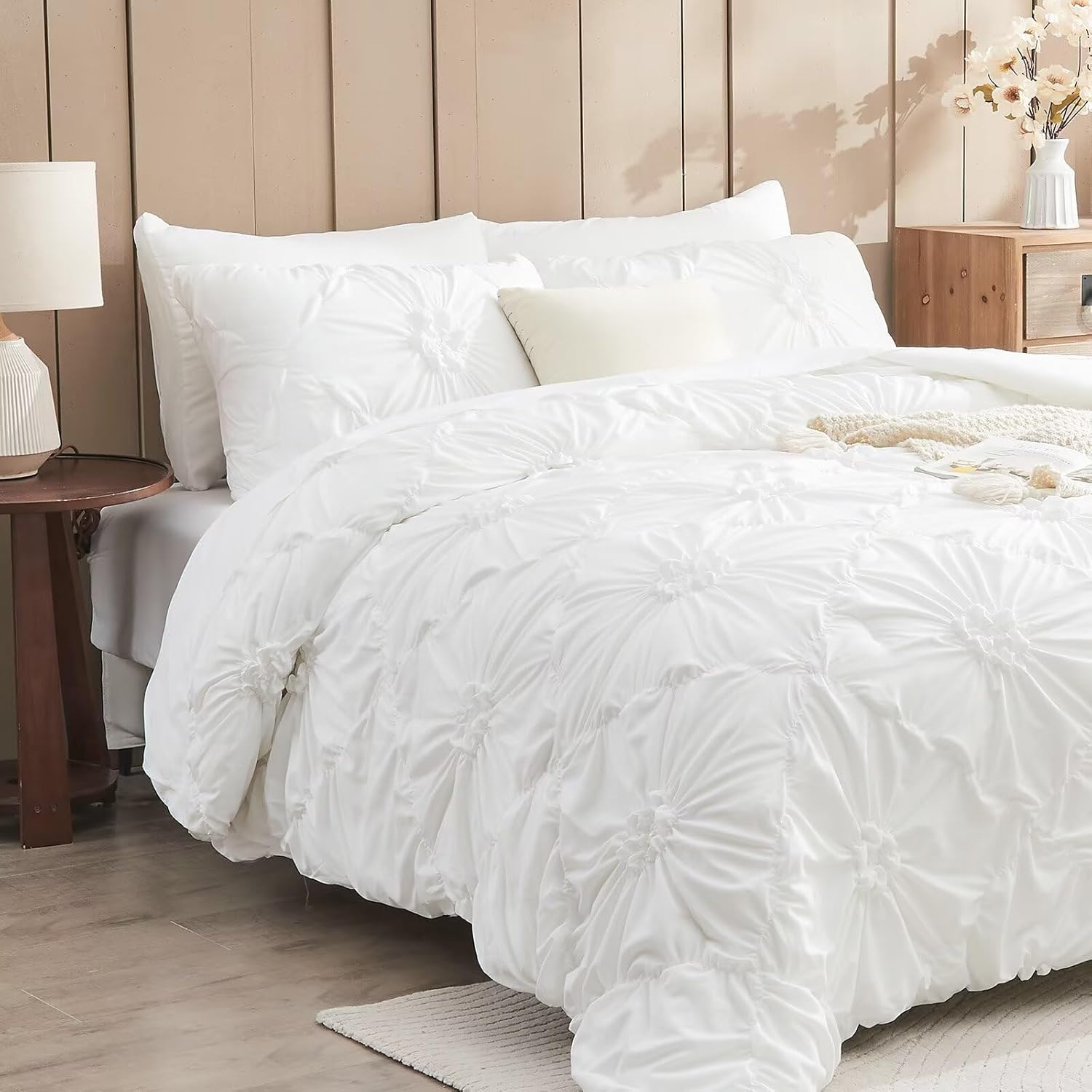 White Comforter Set Queen Size Bed in A Bag 7 Piece Pinch Pleat Bedding Set,Pintuck Ruched Flowers Bed Set with Comforter, Sheets, Pillowcases & Shams - Image 2