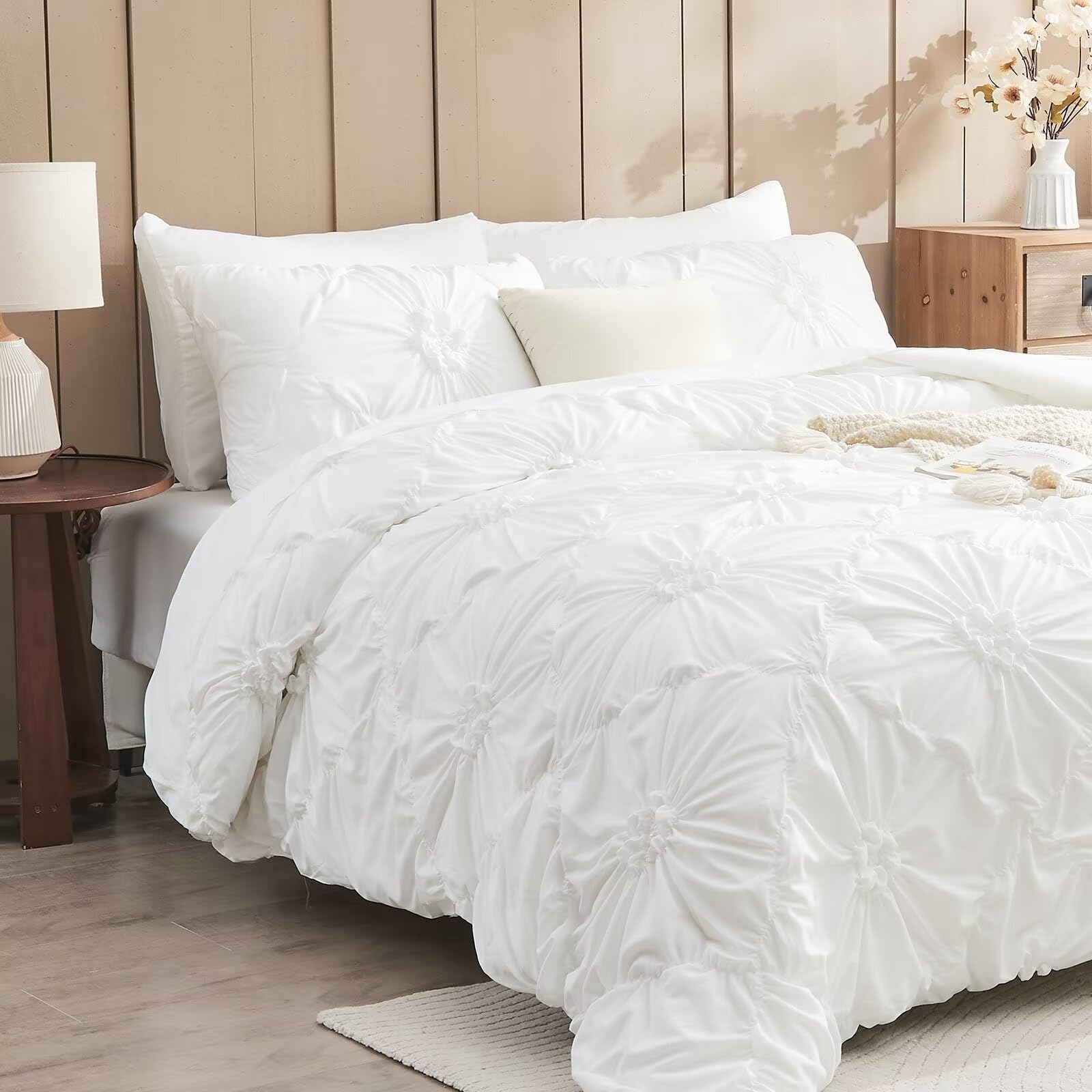 White Comforter Set Queen Size Bed in A Bag 7 Piece Pinch Pleat Bedding ...