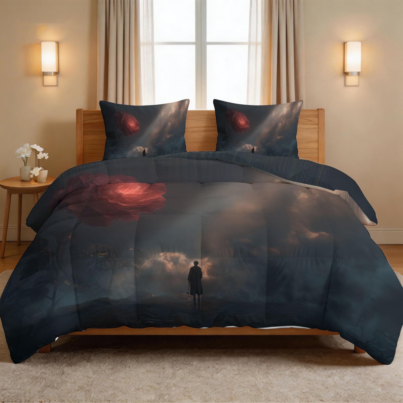 Super King – zestaw pościeli bez pokrowca 7,5 Tog, fantazyjna figurka, sylwetka 260 x 220 cm, oddychająca, ultramiękka, dwustronna pościel z 2 poszewkami na poduszki, chmury, czerwona róża i morze na