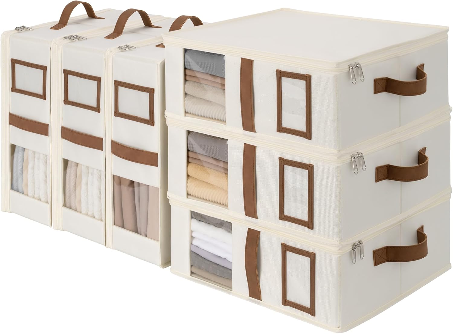 StorageWorks 6-Pack Bed Sheet Organizers and Storage, Foldable Bedsheet Holder for Linen Closet, Bedding Container with Handle, Beige, 15" D x 12¾"W x 5½"H 17L 6pack