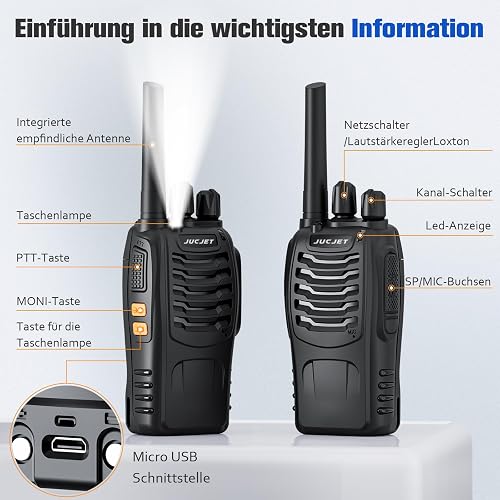 JUCJET BF-88E Walkie Talkie PMR446, 16 canali, auricolari, 6 pezzi - 5