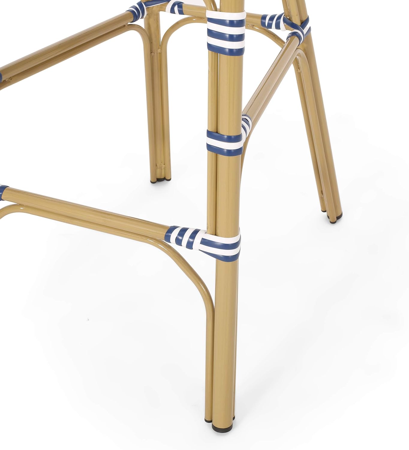 Kinner Outdoor French Bistro Barstools - Aluminum and Wicker - Navy Blue/White/Bamboo Finish (Set of 2)