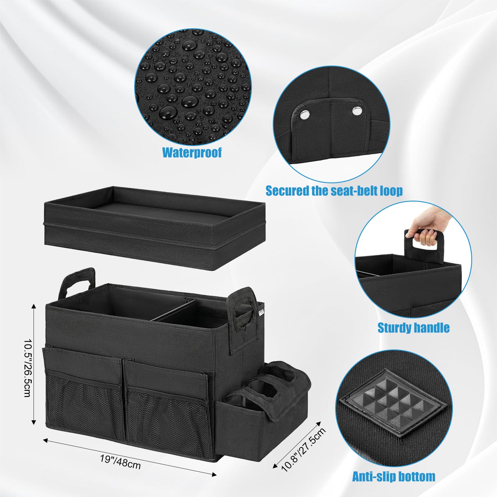 Organizer per sedile auto con coperchio e maniglia, portabicchieri, tasche laterali, divisori regolabili, organizer pieghevole per sedile anteriore e posteriore dell'auto
