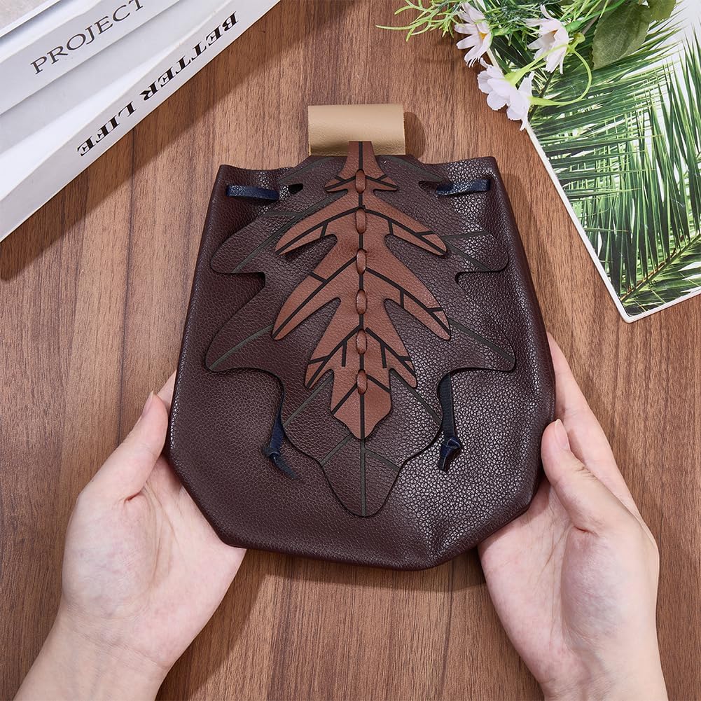 Vintage Medieval PU Leather Belt Pouch Middle Ages Portable Leaf Coin Purse Renaissance Viking Storage Waist Drawstring Bag for Halloween Costume LARP Ren Faire (Coconut Brown) - Image 3
