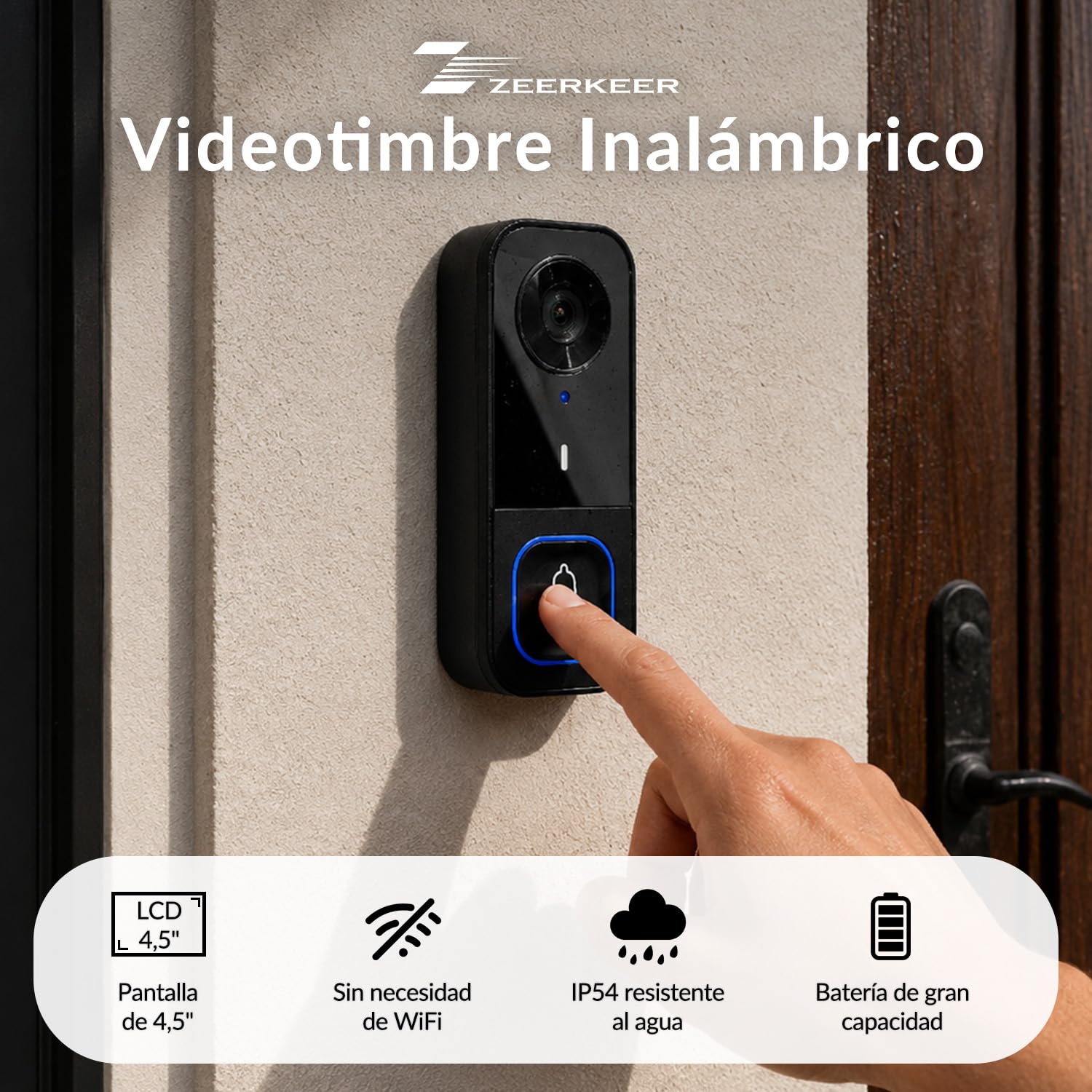 Zeerkeer Timbre Inalámbrico con Cámara Exterior Impermeable Sin Wi-Fi | Batería Recargable de 1000 mAh, Visión Nocturna IR, Audio Bidireccional, Resistente a la Lluvia, Videoportero Inalámbrico