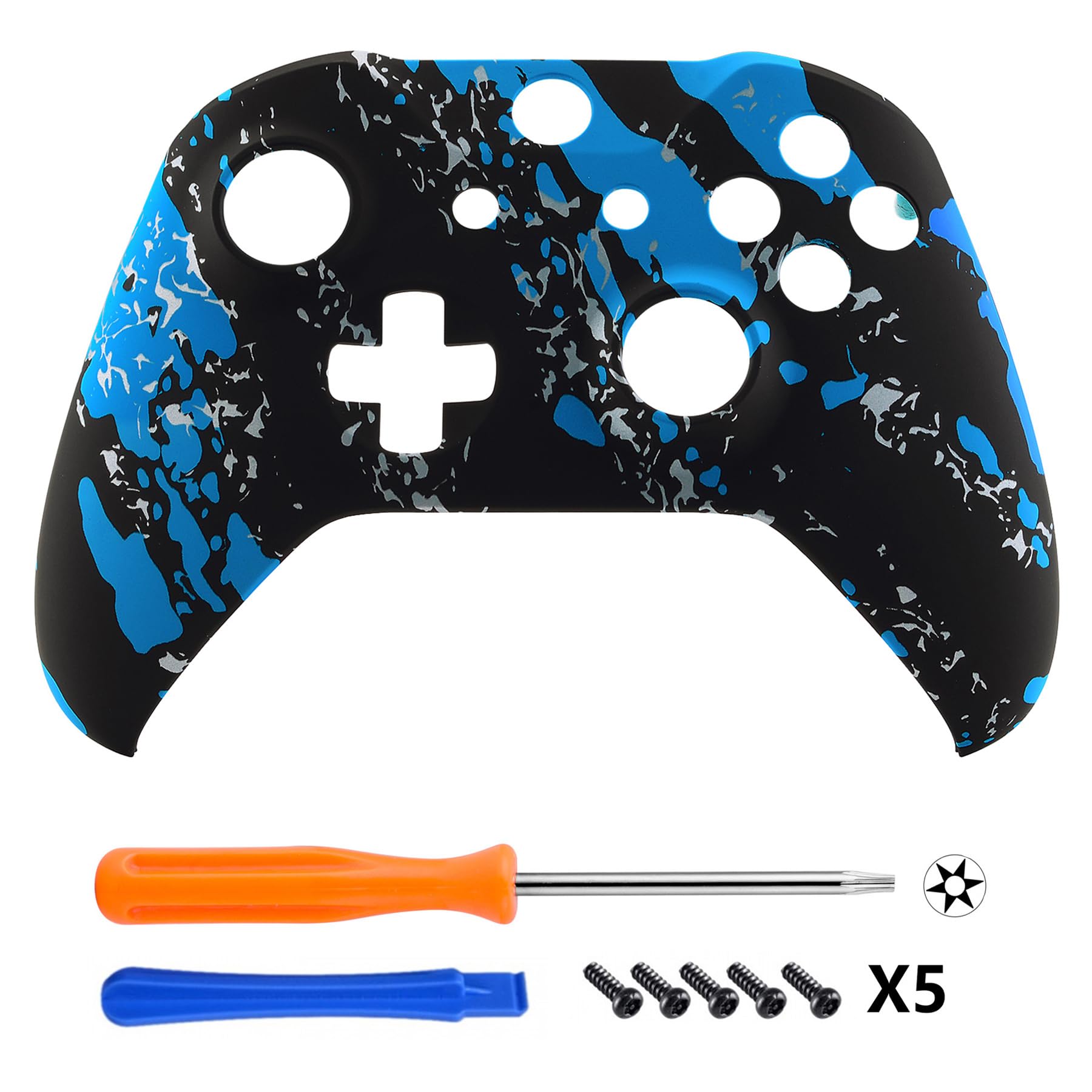 eXtremeRate Custodia anteriore con rivestimento blu con motivo a spruzzi, kit di ricambio per controller Xbox One S e One X (modello 1708)