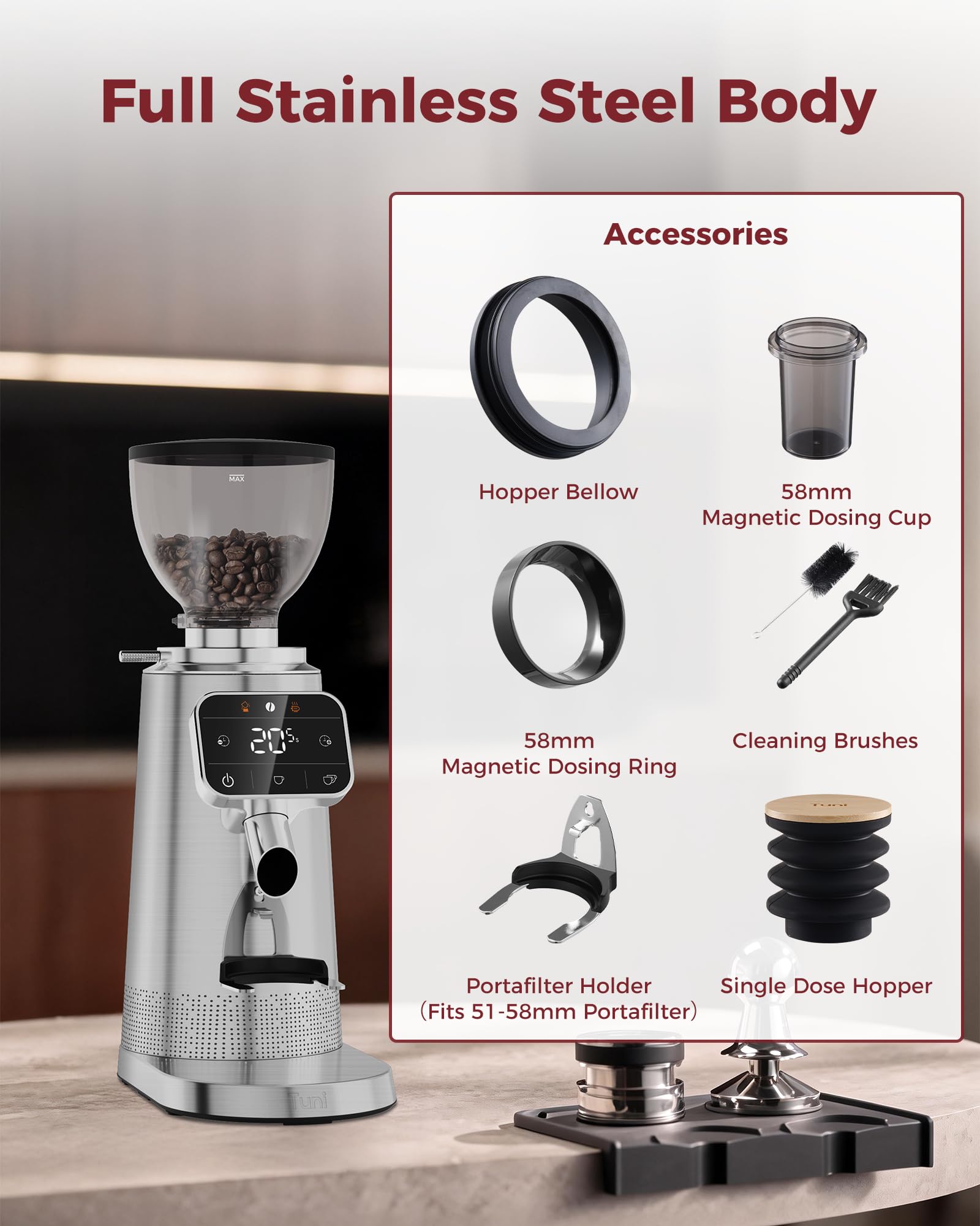 Tuni G3 64mm Flat Burr Electric Coffee Grinder with 100 Grind, Silver | Commercial Grade Espresso Grinder with Single Dose Set, Touchscreen Display, Anti-Static Tech, Stainless Steel