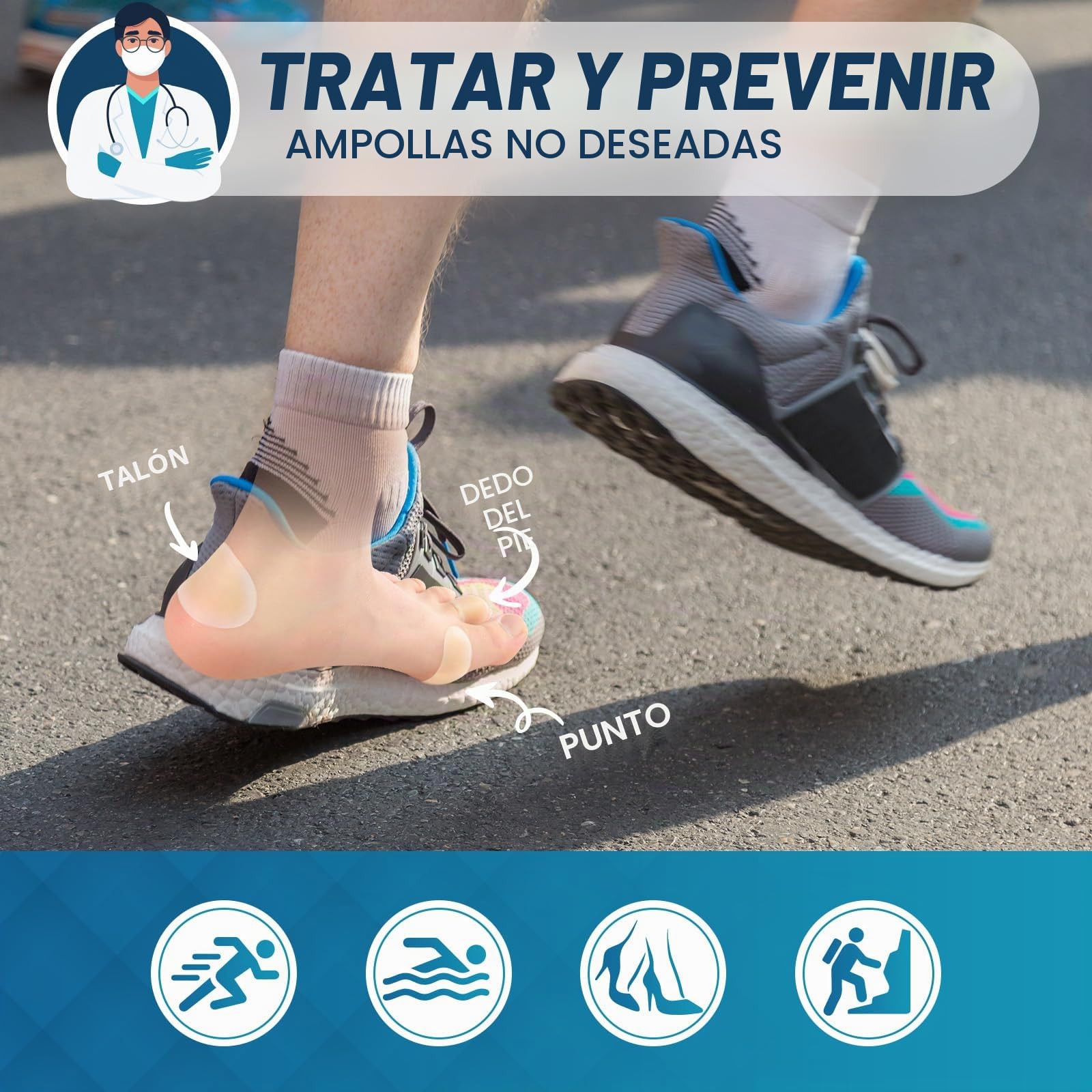 Kimihome Vendas hidrocoloides para pies – Vendas de gel de 30 unidades – Cojines de ampollas para talón, dedos de los pies – Prevención de ampollas para viajes – Almohadillas de vendajes resistentes