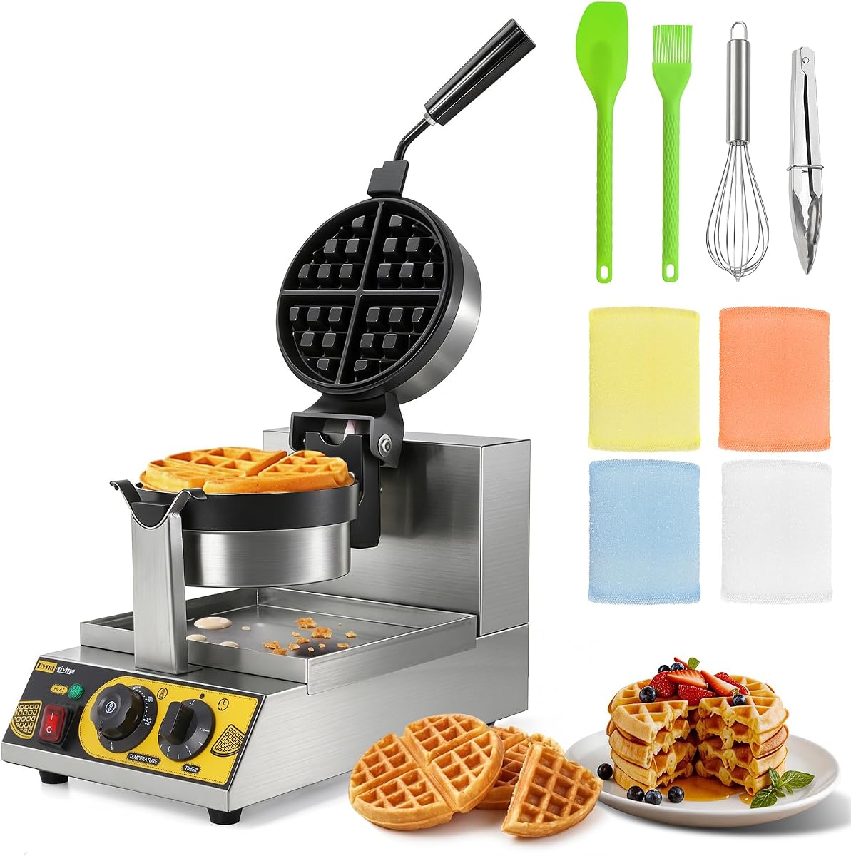 Dyna-Living Máquina para hacer gofres comercial Plancha para gofres belgas para restaurante | Máquina para hacer gofres profesional con tapa de 1200W, máquina para hacer gofres redonda eléctrica antiadherente para hoteles, temperatura ajustable de 122℉-572℉