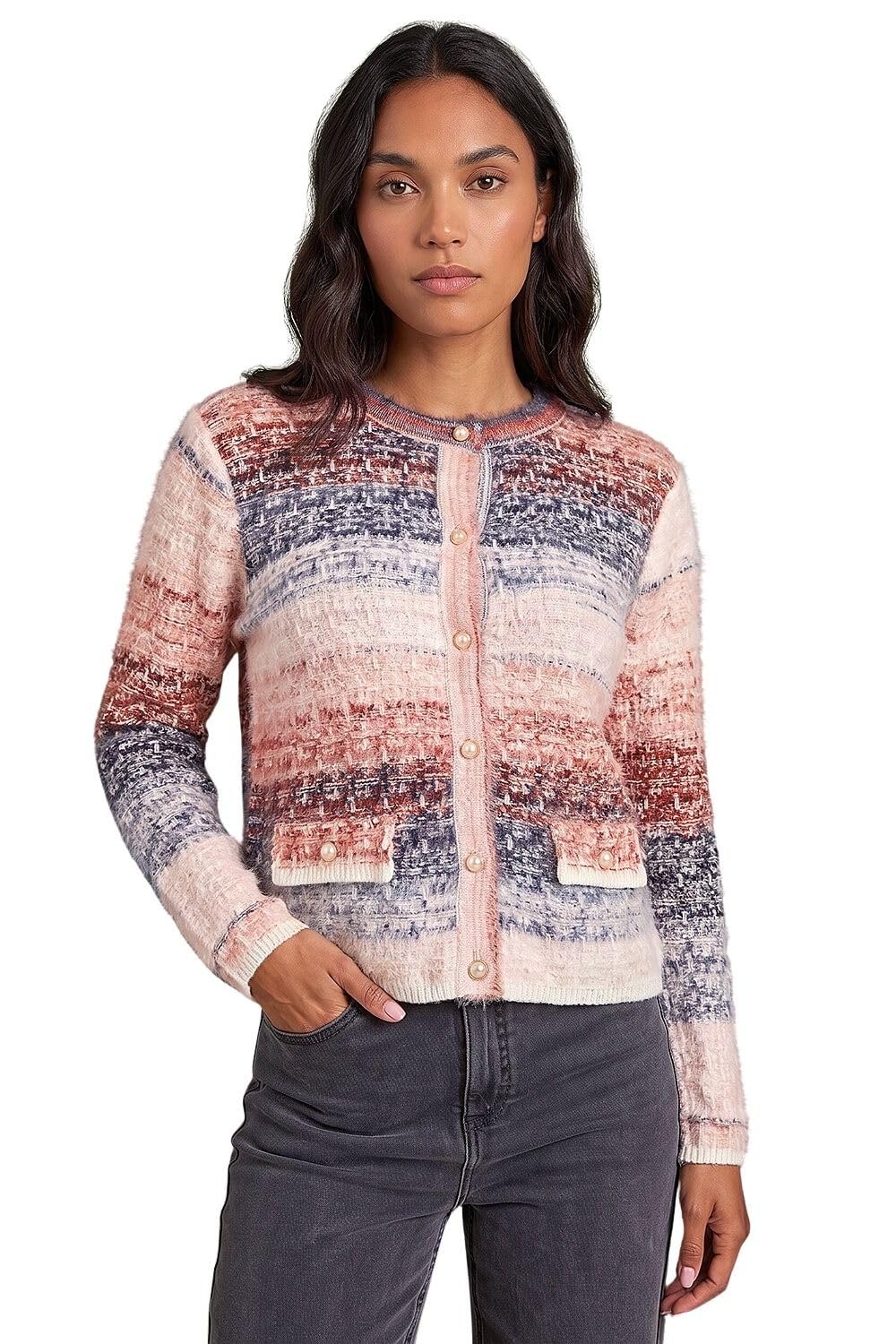 Roman Originals Women's Denim Multi Fluffy Buttoned Knit Cardigan For Uk - Everyday Autumn Winter Round Neckline Comfy Soft Evening Vacation Work Party Night Out - Size 14