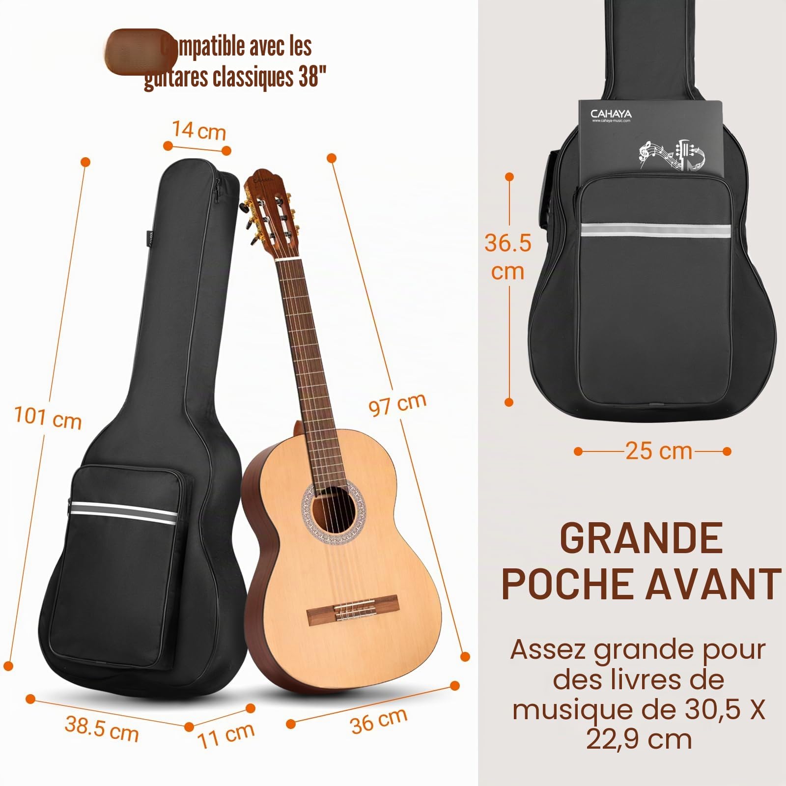 CAHAYA Sac de Guitare Classique Housse Souple de Guitare Sac pour Guitare 6 mm Rembourré Etanche avec Bandes Réfléchissantes Adapté à la Guitare Classique de 39 pouces CY0288