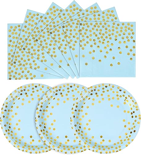 Juego de platos y servilletas de papel azul y dorado, platos de postre de 100 x 7 pulgadas y servilletas de 100 x 6.5 pulgadas, platos de papel azul