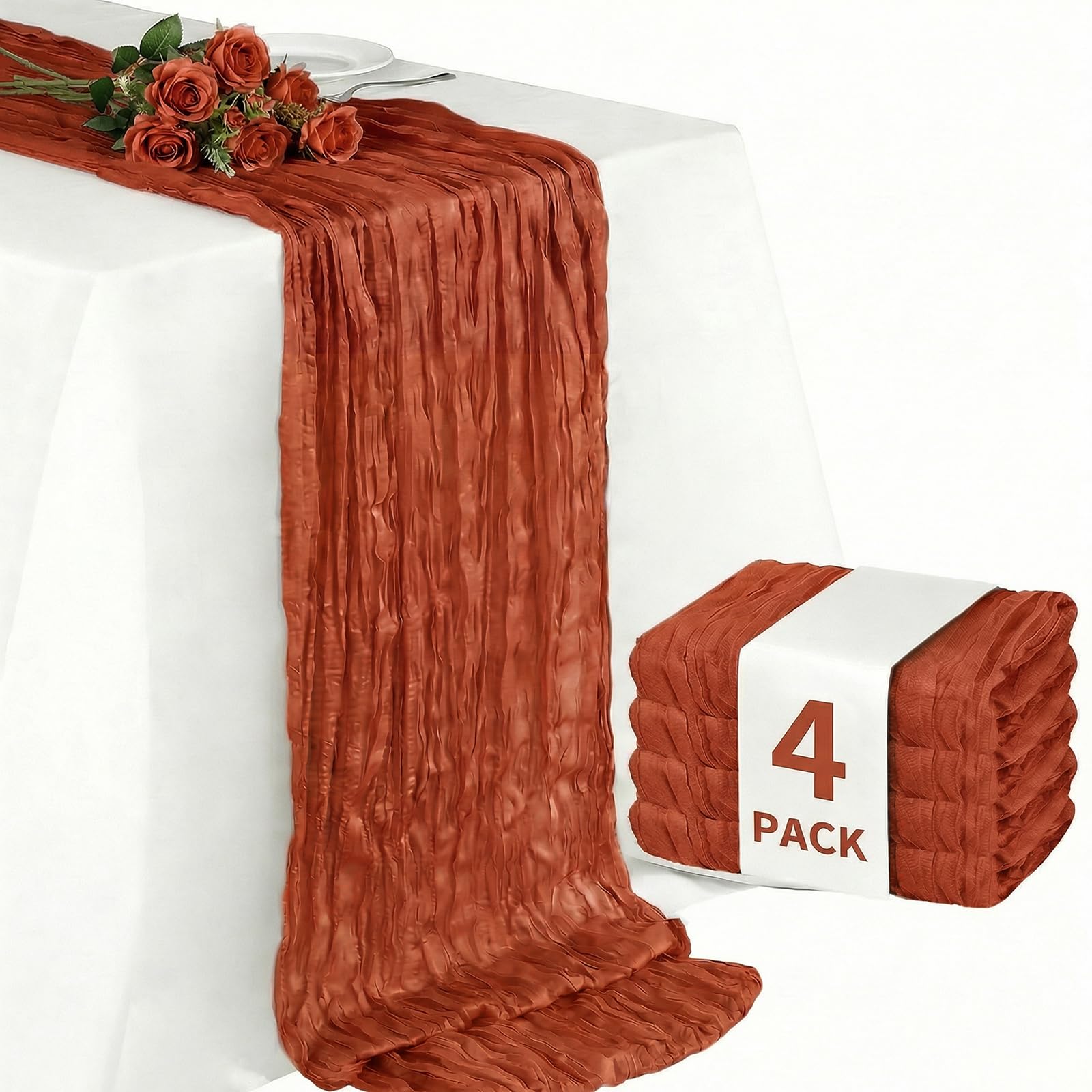 4pcs Cheesecloth Table Runner 35"x120", 10FT Long Gauze Table Runner Boho for Wedding Reception Sheer Bridal Baby Shower Party Banquet Dining Rustic Table Decoration Tablecloth,Rust red (90x300cm)