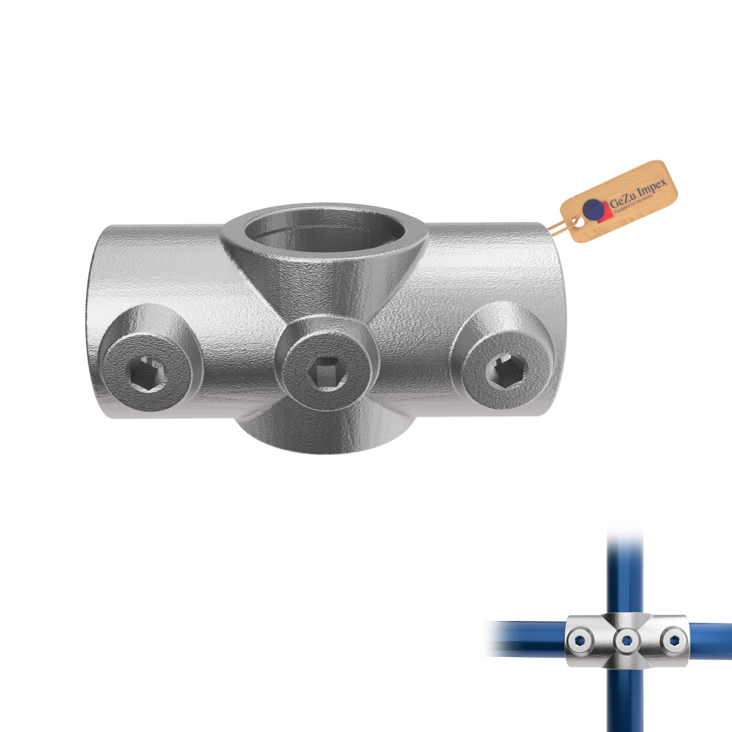GeZu Impex 2 Socket Cross Tube Clamp Ø 42 mm Hot Dip Galvanised Silver Tube Cross Clamp Pipe Fitting