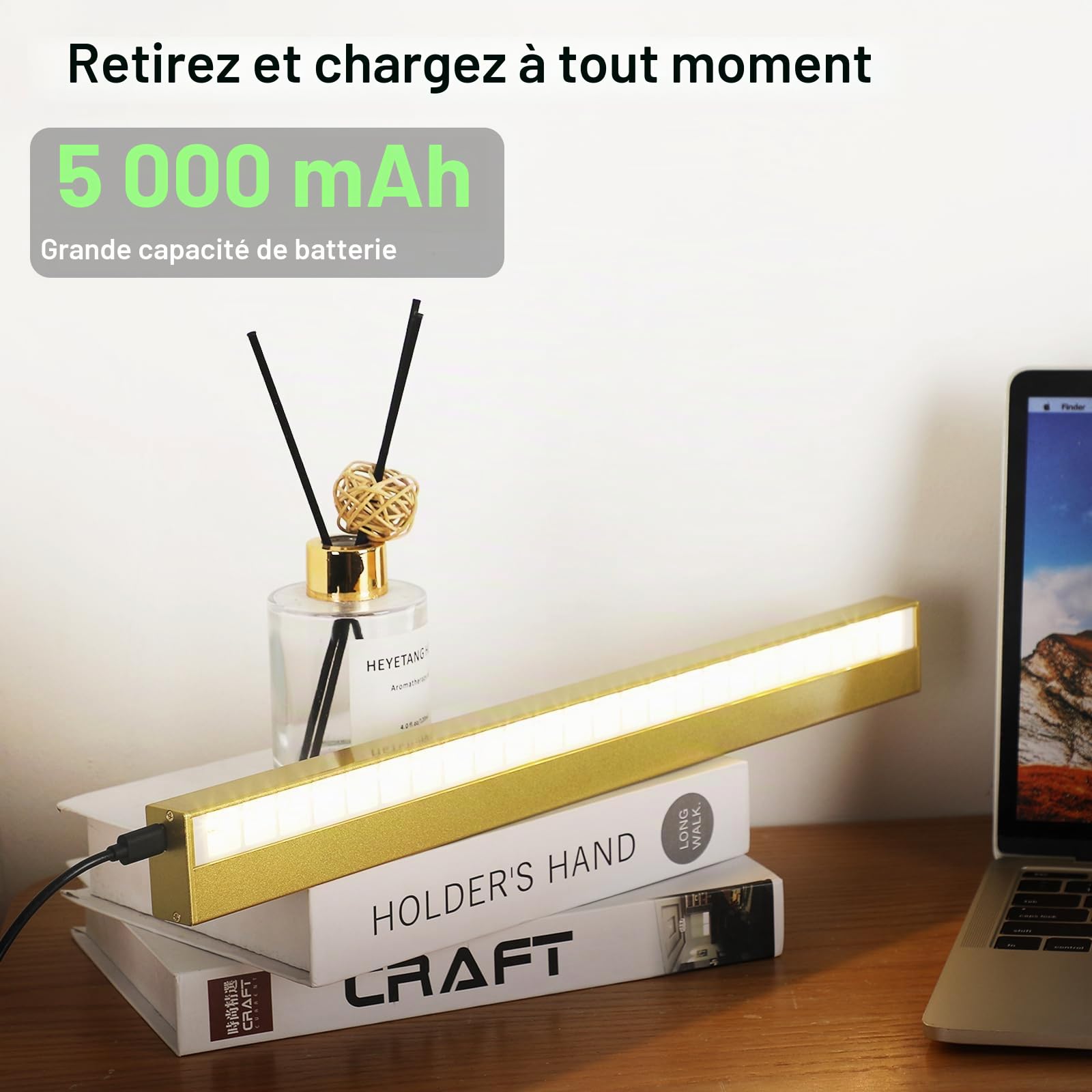 Éclairage mural LED sans fil - Batterie rechargeable de 5000 mAh - Avec télécommande - 3 températures de couleur et luminosité réglable - Doré - 40 cm