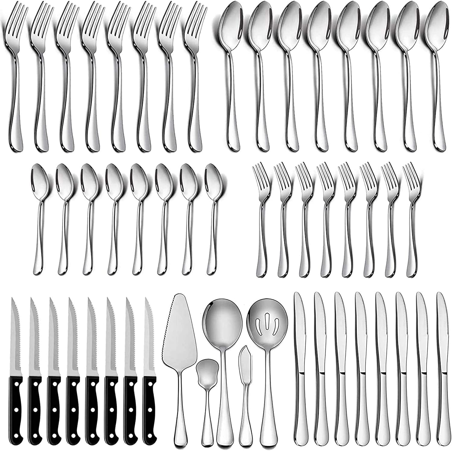 Arabest 53-Piece Silverware Set with Steak Knives and Serving Utensils, Stainless Steel Flatware Cutlery Set Service for 8, Eating Utensil Set for Home Party Wedding, Dishwasher Safe, Mirror Finished
