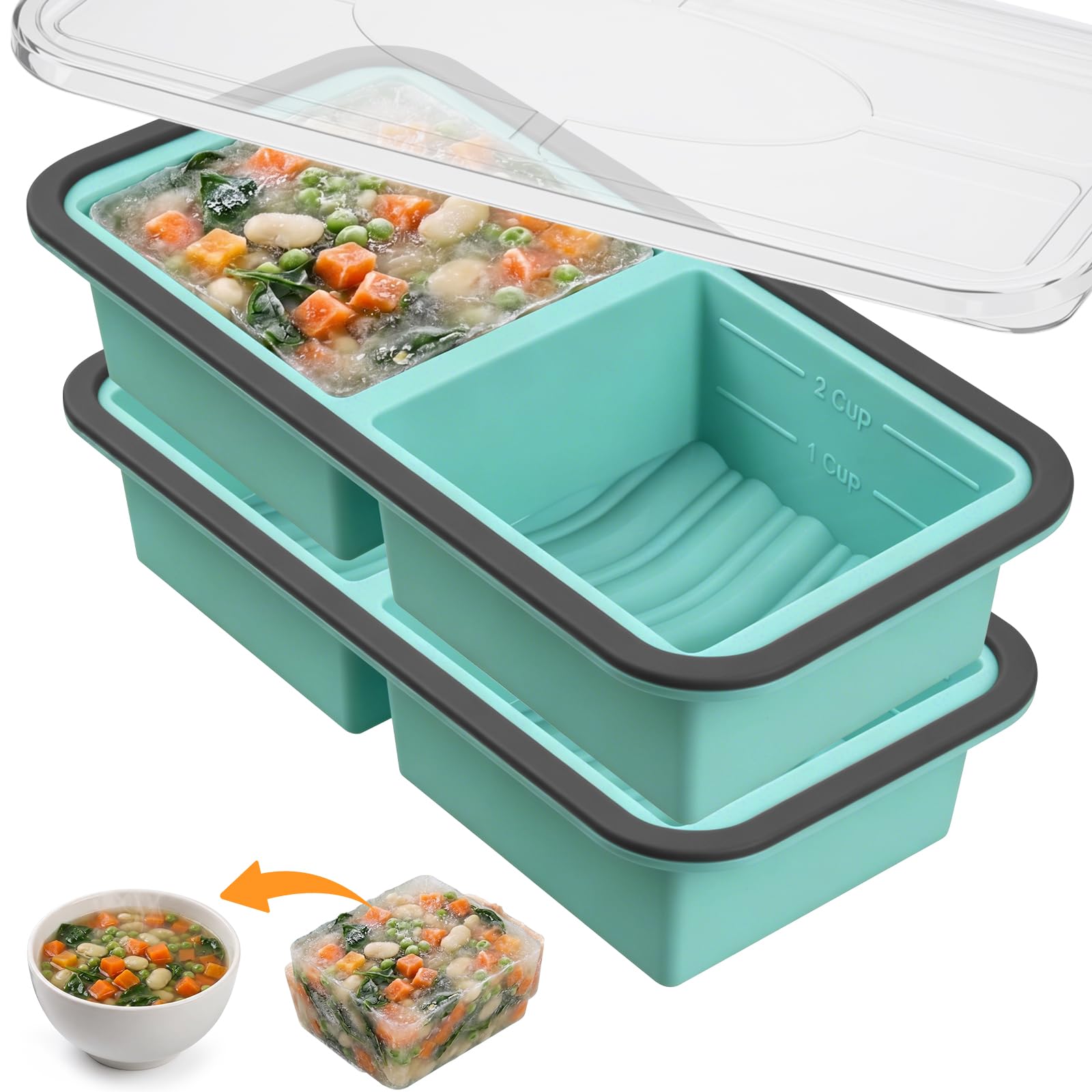 OSDUE 2 Pack Silicone Soup Freezer Containers, Large Ice Cube Tray with Lid
