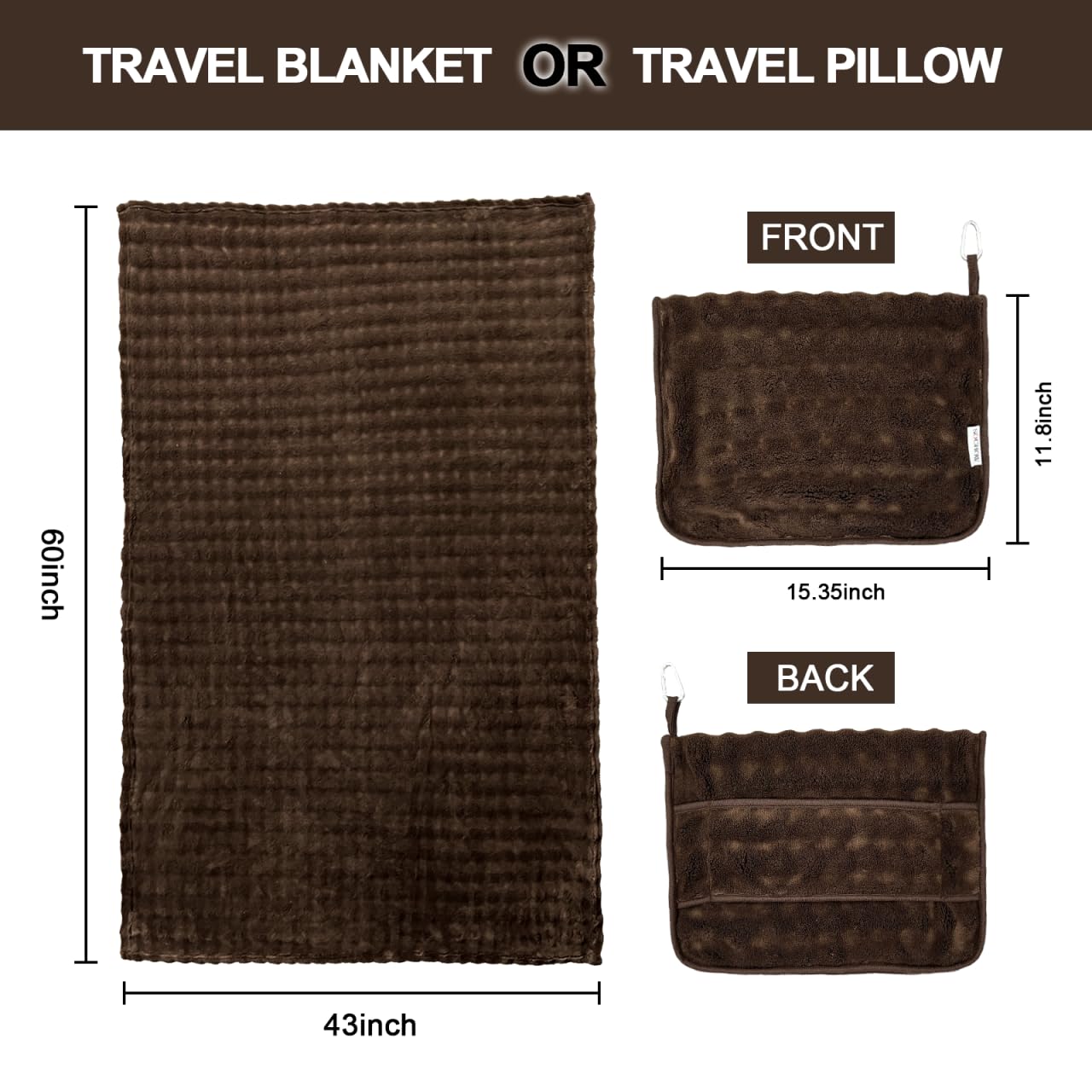 Manta de viaje para avión, tren y automóvil, manta de viaje suave o almohada 2 en 1, compacta con bolsa de almohada portátil, manta de vuelo con funda de equipaje y clip para mochila, marrón 6