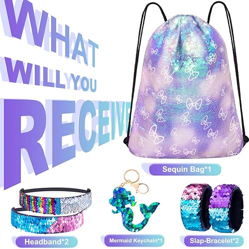 Miniatura 6 de Mochila de sirena, reversible, con lentejuelas, para manualidades, con cordón, para danza, gimnasio, para niña