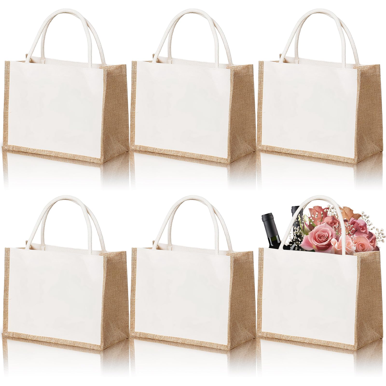 6 Pièces Sac en Toile de Jute 35 x 27 x 15 cm, Sac Cabas Blanc et Naturel, Tote Bag avec Poignées pour Courses, Plage, Pique-nique, Voyage et Cadeaux
