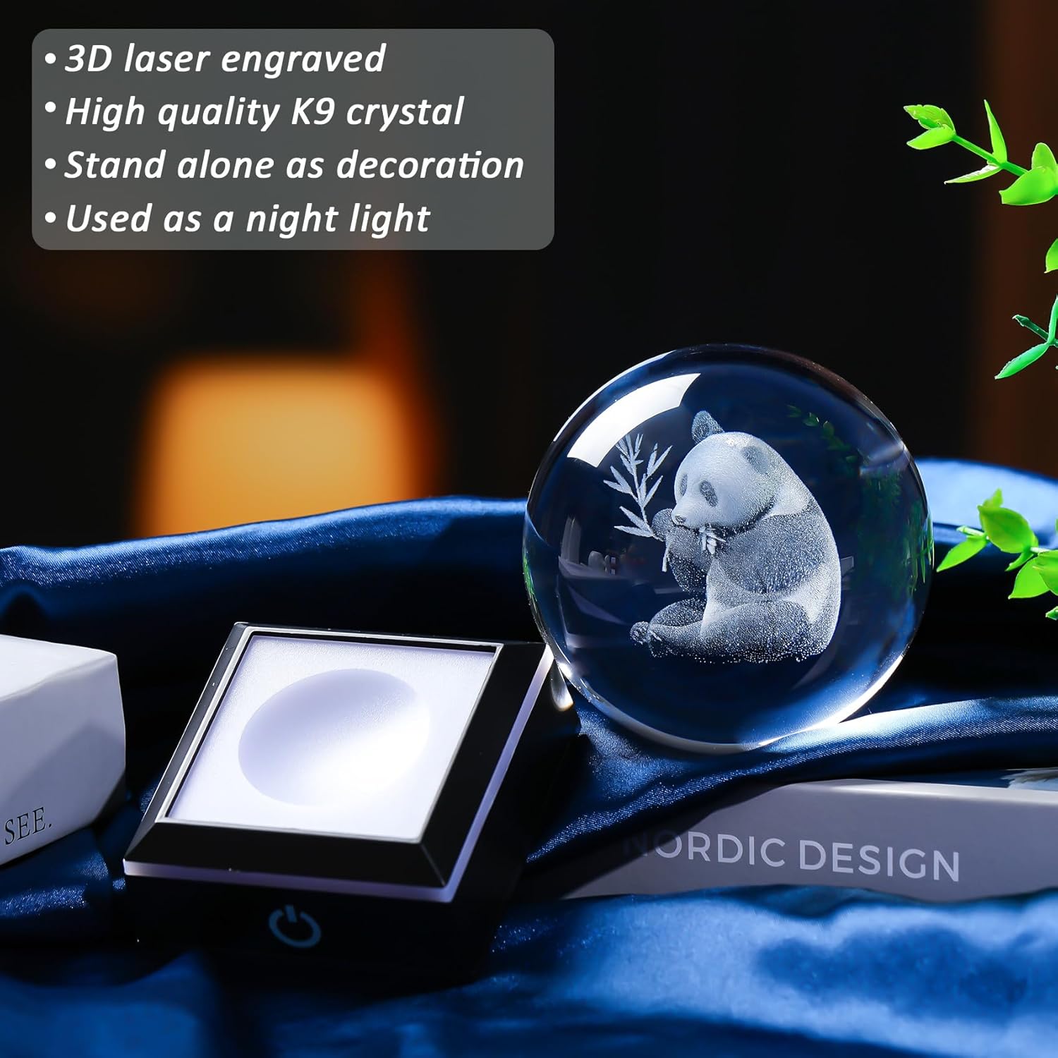 Enjinkail 3D Panda Crystal Ball with Color-Changing LED Base - Laser Engraved Panda Gift for Women Men Kids, Decorative Night Light Paperweight for Desk/Bedroom - 3.15inch