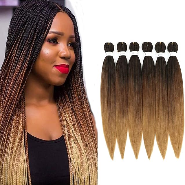 Pre-stretched Braiding Hair Ombre Brown 26 inch 6 Packs Professional Kanekalon Synthetic Fiber Itch Free Crochet EZ Braids Yaki Texture Knotless Braiding Hair Extensions (1B/30/27)