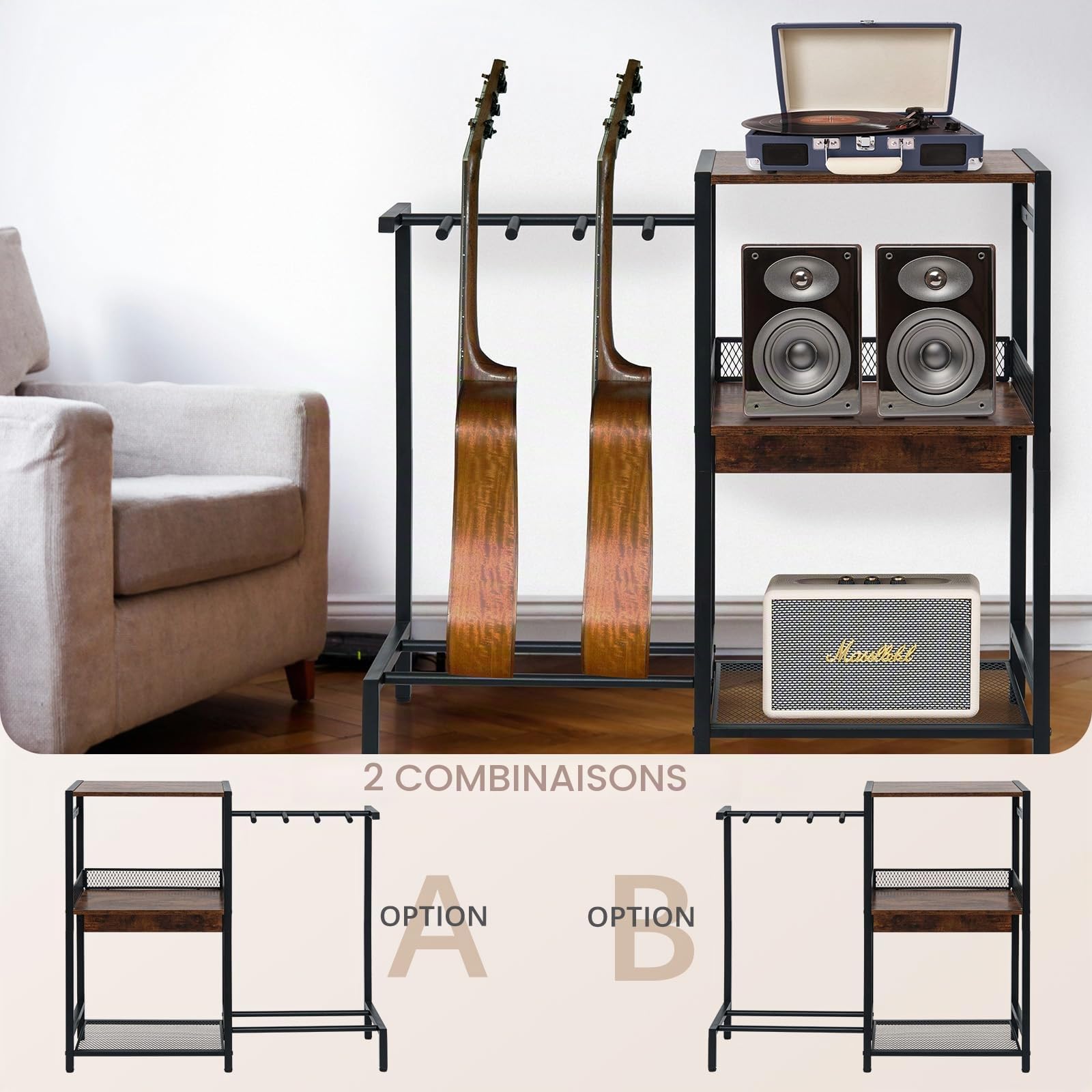 Support de guitare, support multi-guitares jusqu'à 3, lecteur de disque vinyle 3 niveaux, acoustique, basse, ukulélé, ampli, platine