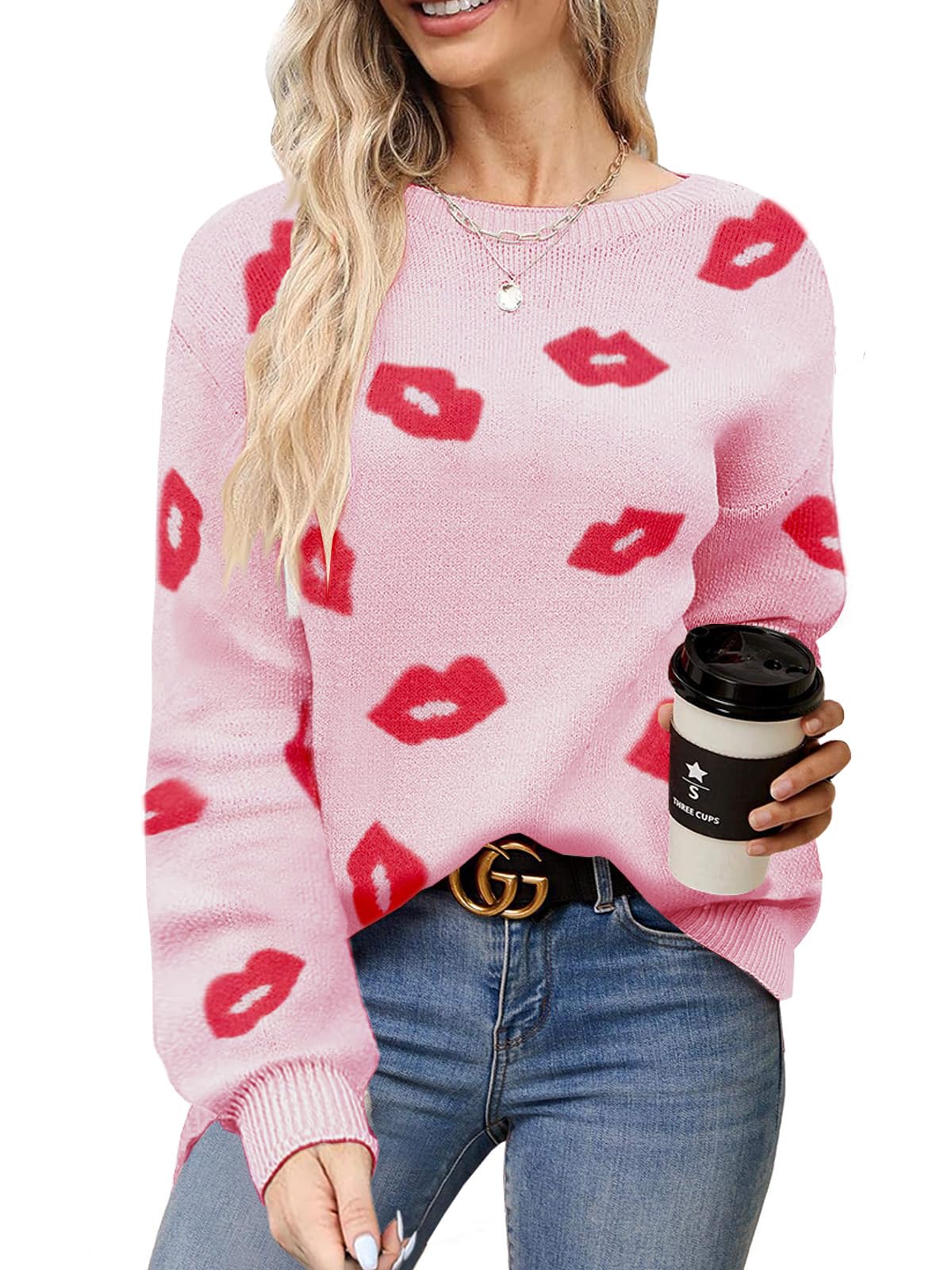 Sweater for Women Lip Pullover Sweaters Cute Lips Long Sleeve Crewneck Casual Sweaters Top
