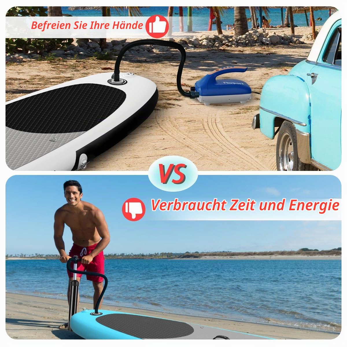 SUP Pumpe Elektrisch 20 PSI, 12V DC Elektrische Hochdruck Luftpumpe mit Auto-Off-Funktion, 2-Stufen Inflation/Deflation und LCD, Hochdruckluftpumpe für Paddle-Board Kajak Luftmatratze Zelt