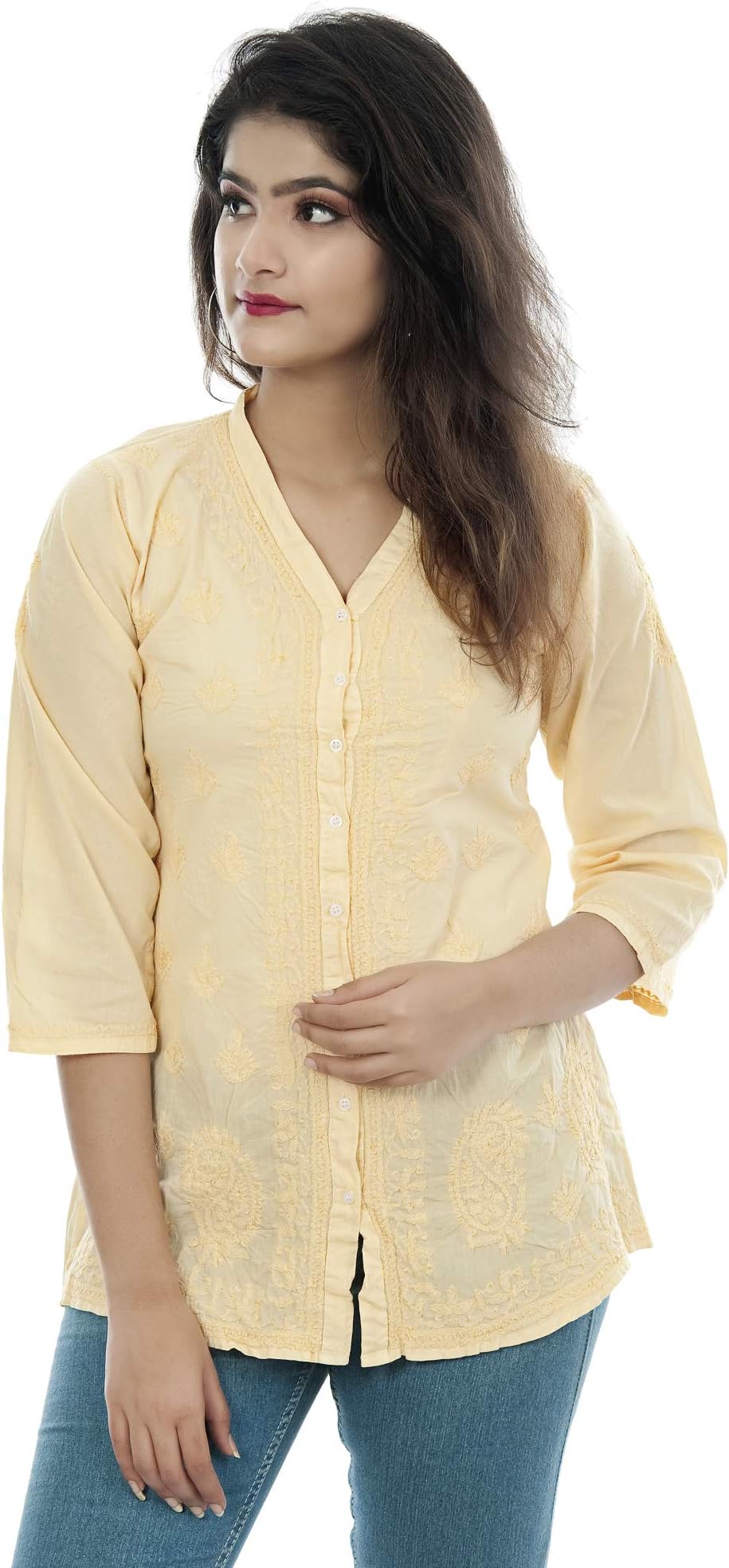 Sanvi CollectionsWomen Cotton Regular Hand Embroidered(Lucknow Chikankari) V Neck Shirt (White)