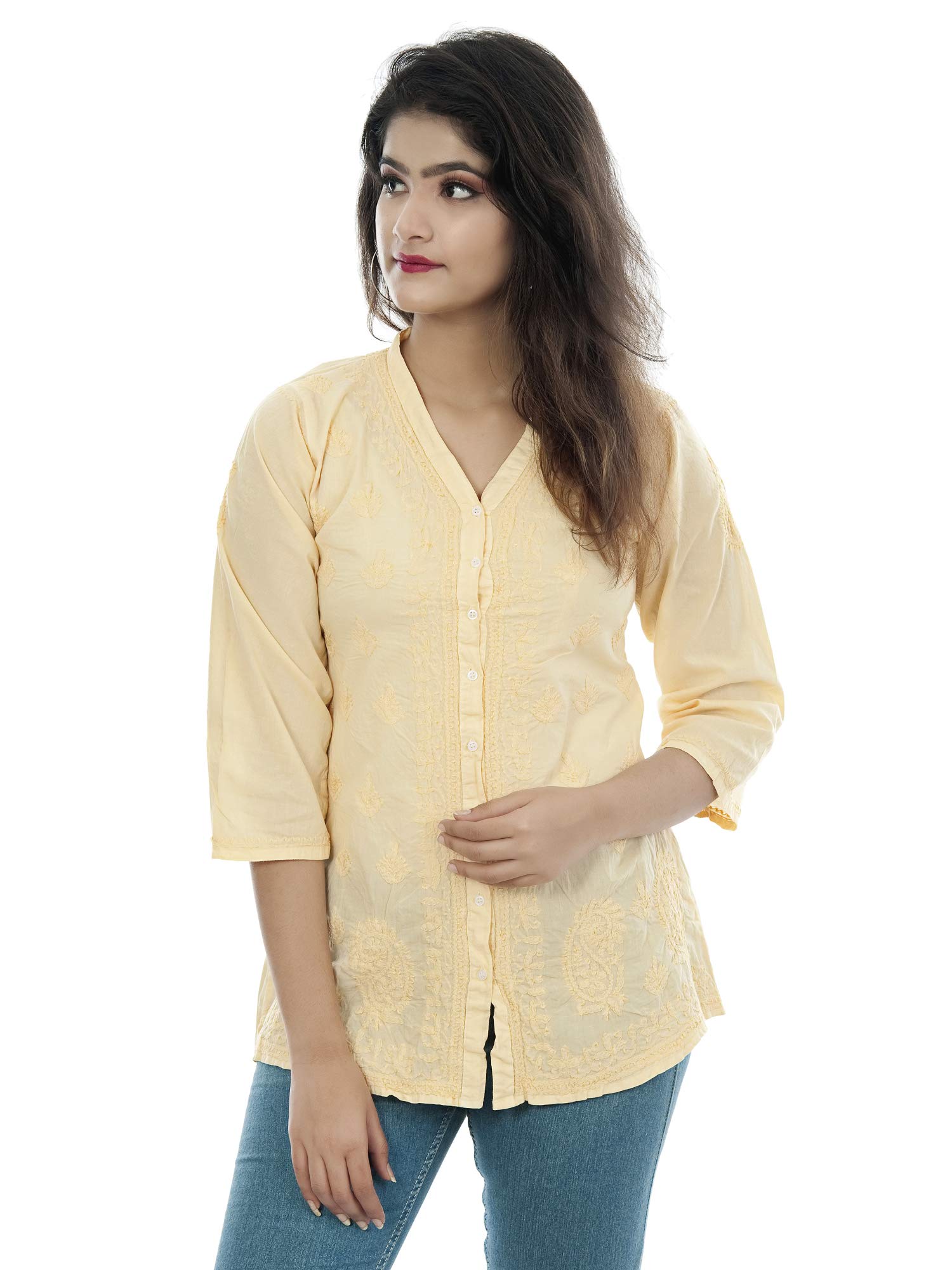 Sanvi CollectionsWomen Cotton Regular Hand Embroidered(Lucknow Chikankari) V Neck Shirt (White)