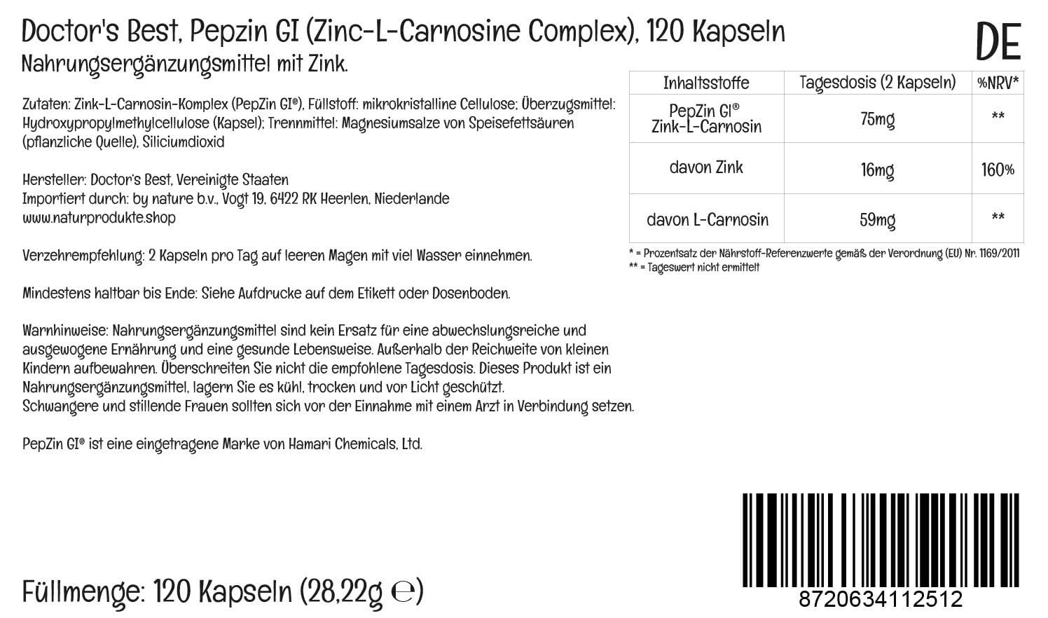Doctor's Best, PepZinGl, Zink-L-Carnosin Komplex, 120 vegane Kapseln, Laborgeprüft, Mineralien, Glutenfrei, Sojafrei, Vegetarisch