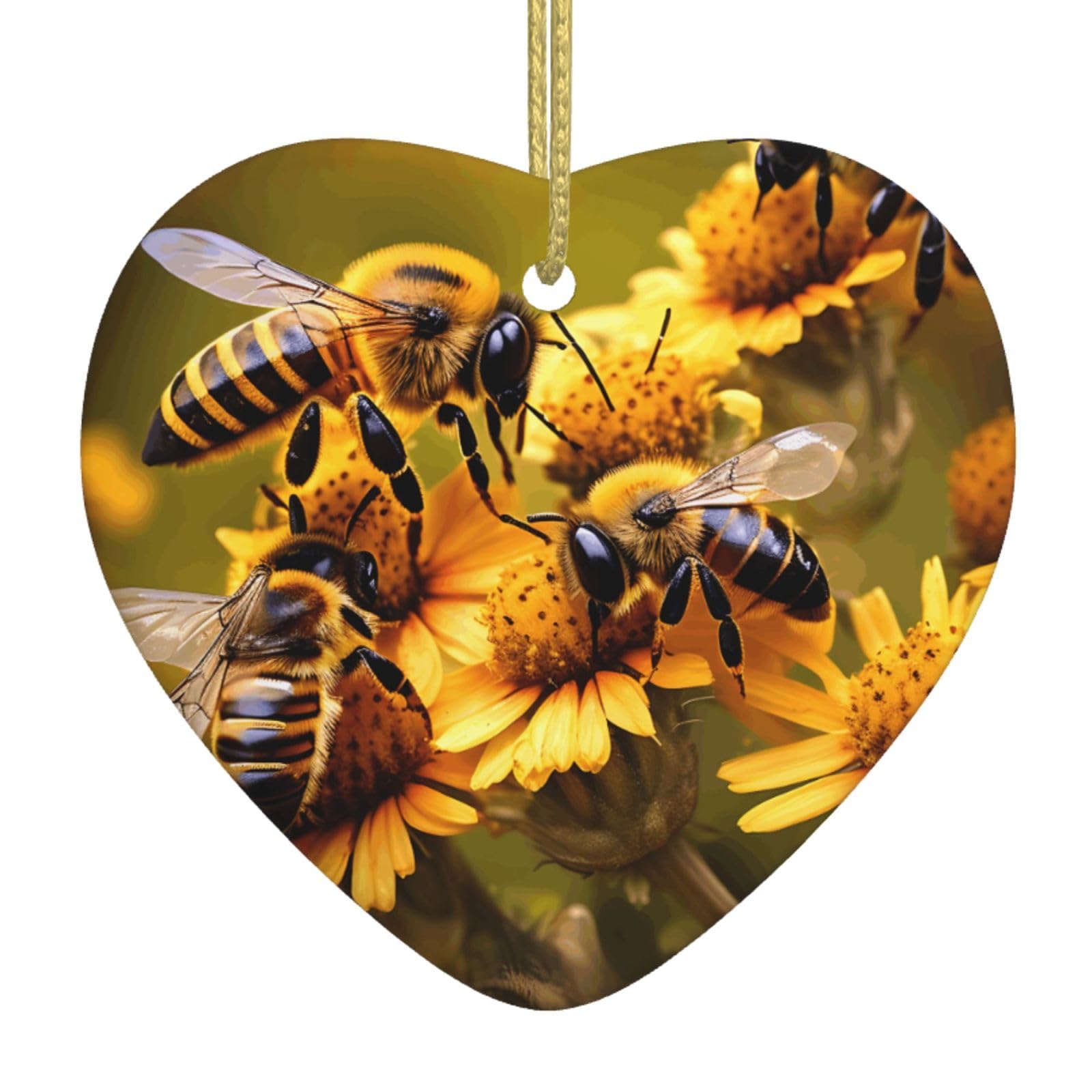 Nbtghga White Rural Honey Bees Flowers Print Christmas Ornaments, Ceramic Hanging Ornament, Xmas Tree Decoration, Holiday Home Decor