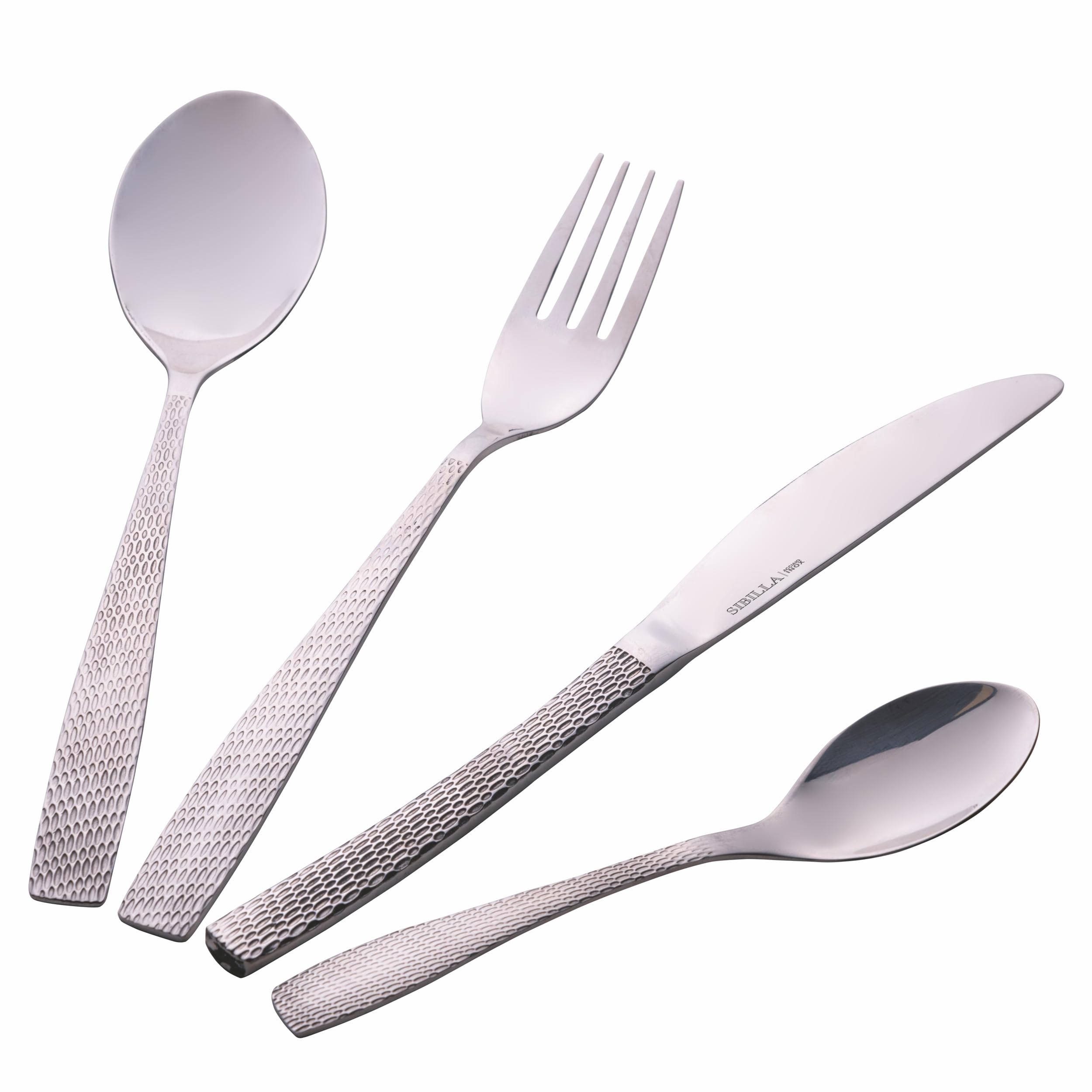 GALILEO Set 24 posate in acciaio inox silver lucido, impugnatura martellata, Harlem Sibilla