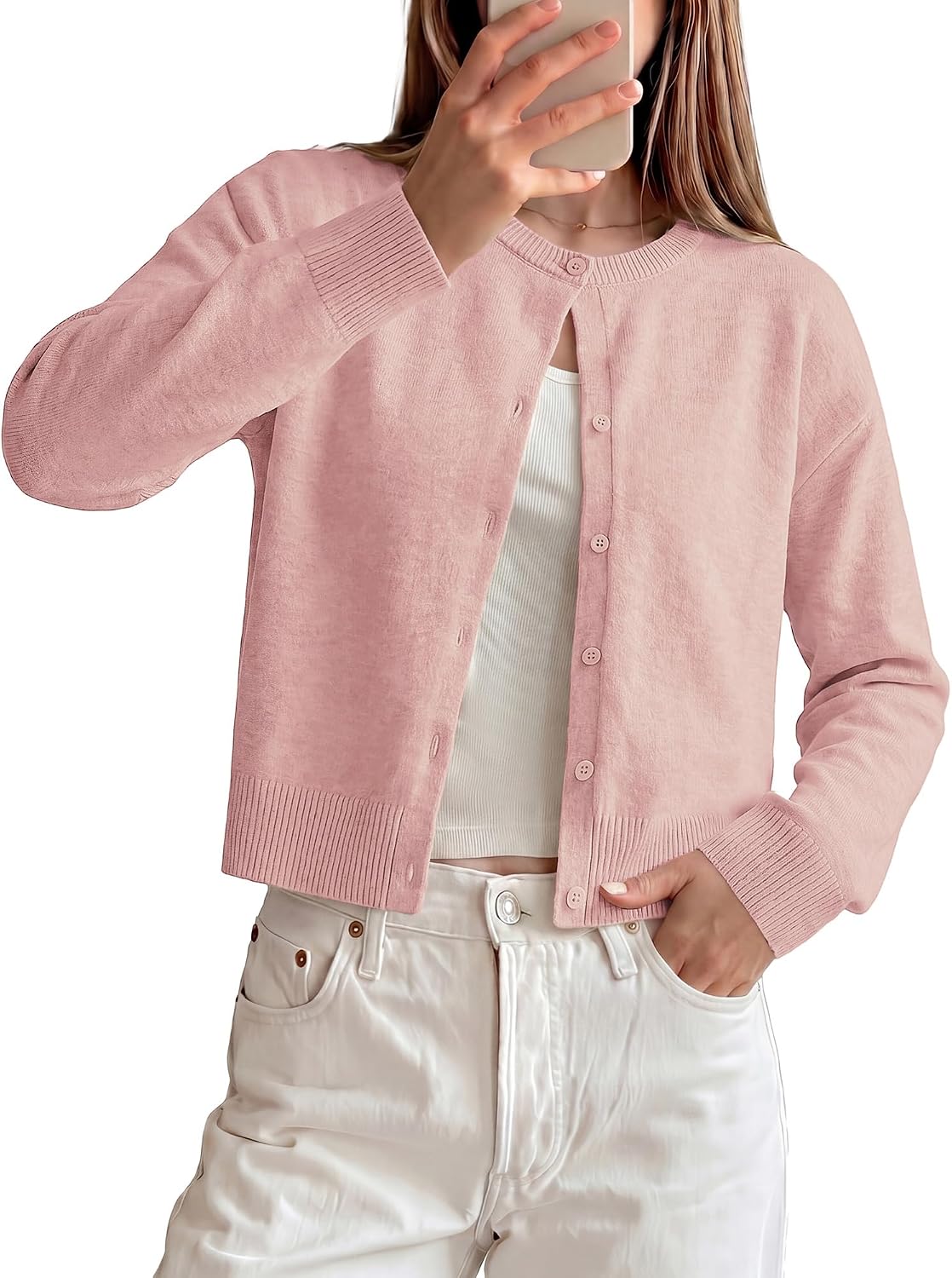 GRACE KARIN Pink Cardigan for Women Trendy Cropped Summer Lightweight Sweater Open Front Button Up Shrugs Fall Outfits L