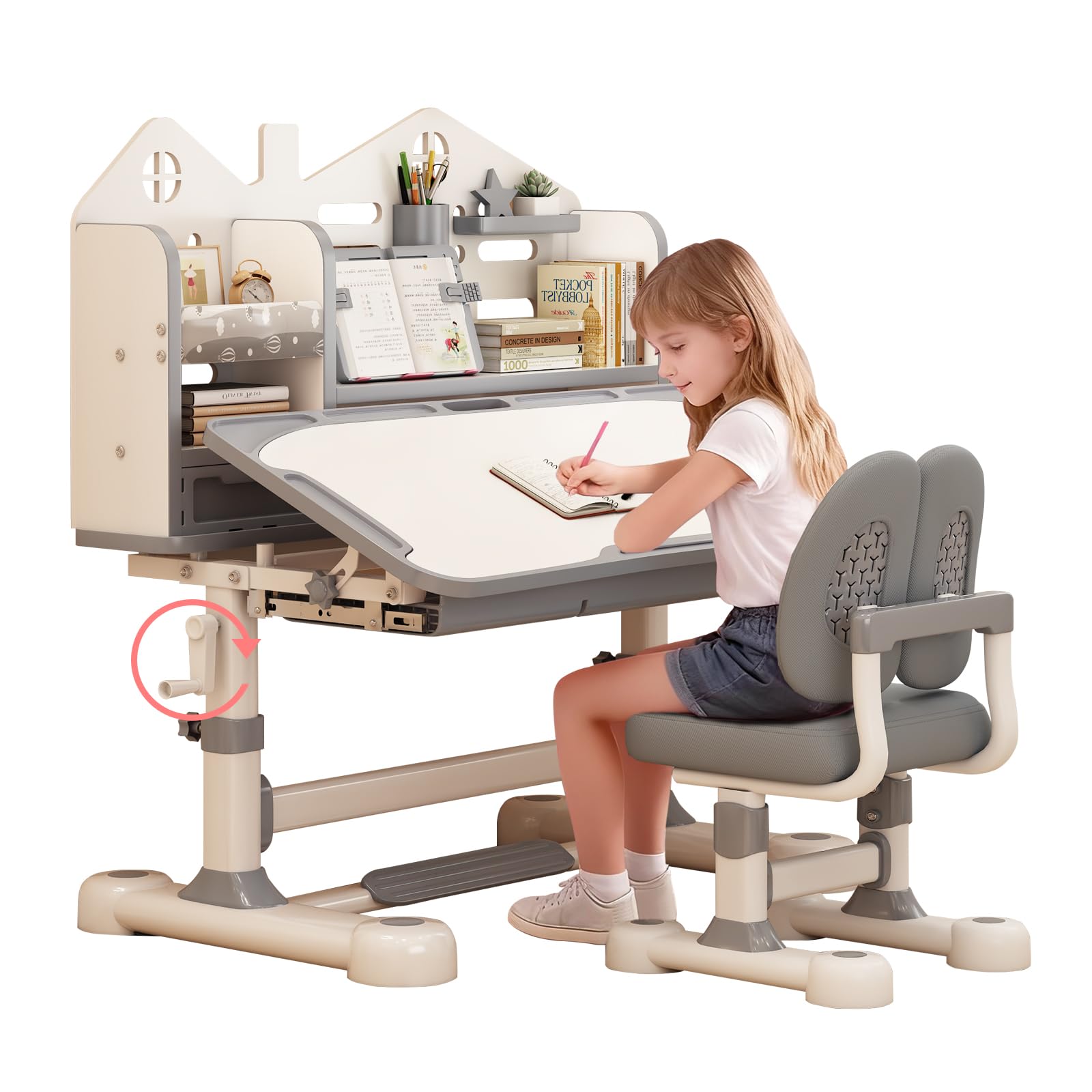 Kids Desk and Chair Set, Height Adjustable Study Desk for Kids Ages 3–12, Easy-Turn Crank Ergonomic Desk with 50° Tiltable Desktop, Storage Drawer & Bookshelf (015-Grey)