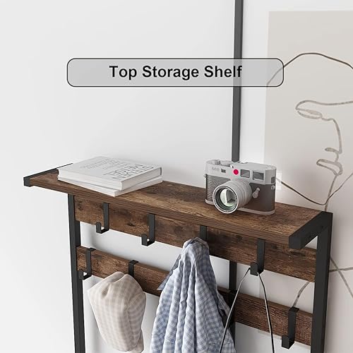 Miniatura 9 de GiftGo Árbol de pasillo grande vintage de 5 niveles con mesa de consola, entrada, perchero de pie para zapatos, estante organizador para el hogar,