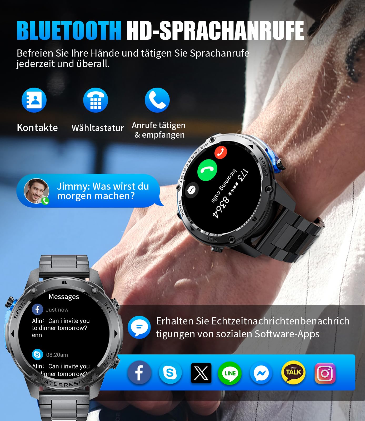 LIGE Smartwatch voor heren, 1,43 inch Amoled display, 170 sportmodi, smart Watch, 5ATM/IP68 waterdicht, smartwatch zwemmen, fitnesshorloge met gps, slaapmonitor, kompas, voor Android en iOS