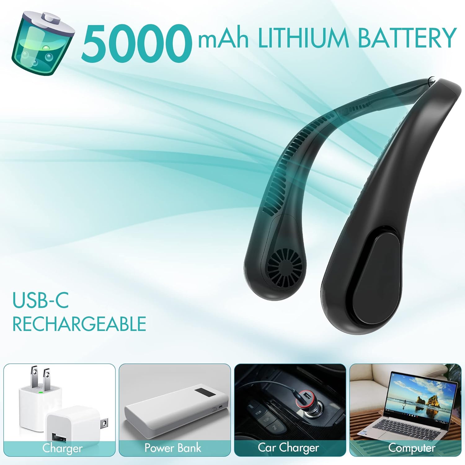 Bladeless Neck Fan, 5000mAh Rechargeable Battery Powered, 3 Speeds, Angle Adjustable, Hand-free Neck Fan for Both Outdoor & Indoor Use, UL Certified, Black : Home & Kitchen