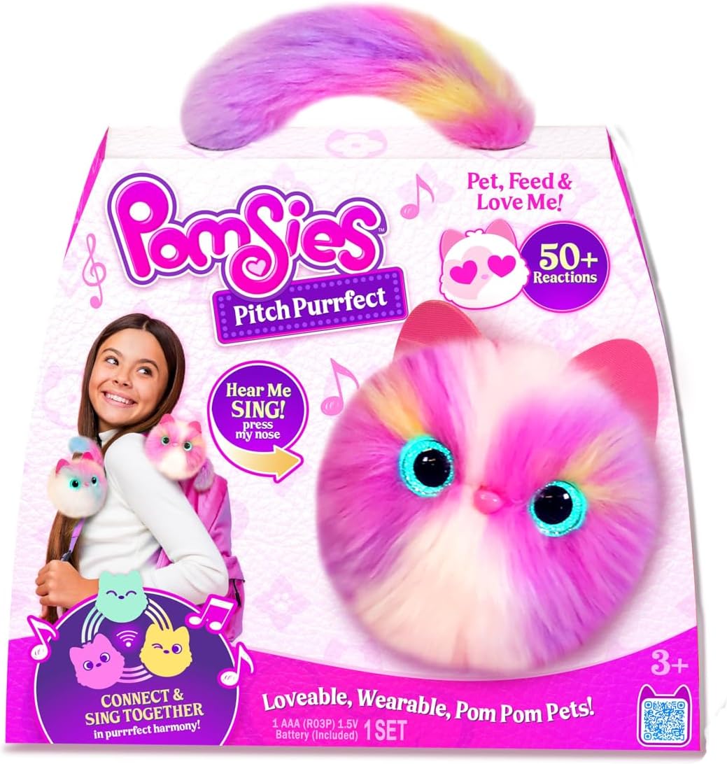 Pomsies Pitch Purrfect Roxy - Interactive Musical Pet with Color-Changing Eyes - Harmonizing Pom Pom That Sings & Connects with Other Wearable Plush Toy Ages 3+