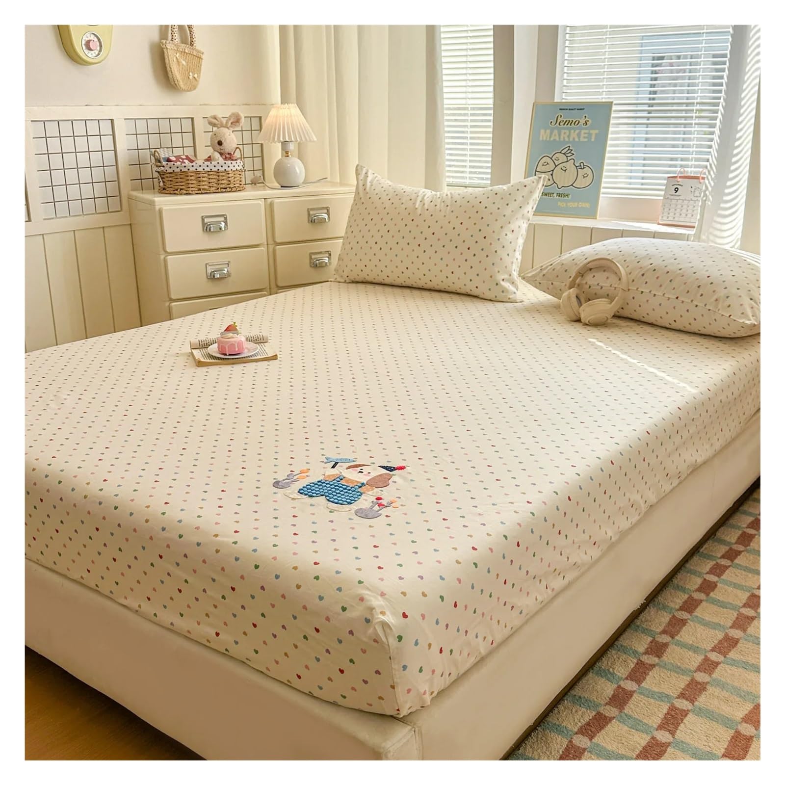 Printed Bed Sheets Baumwoll-Spannbettlaken mit Herzmuster, Bedruckt Gummizug, Einzel-/Doppelbett-/Queensize-Größe, weiches Cartoon-Design(Color 3,150x200x30cm 1pc)