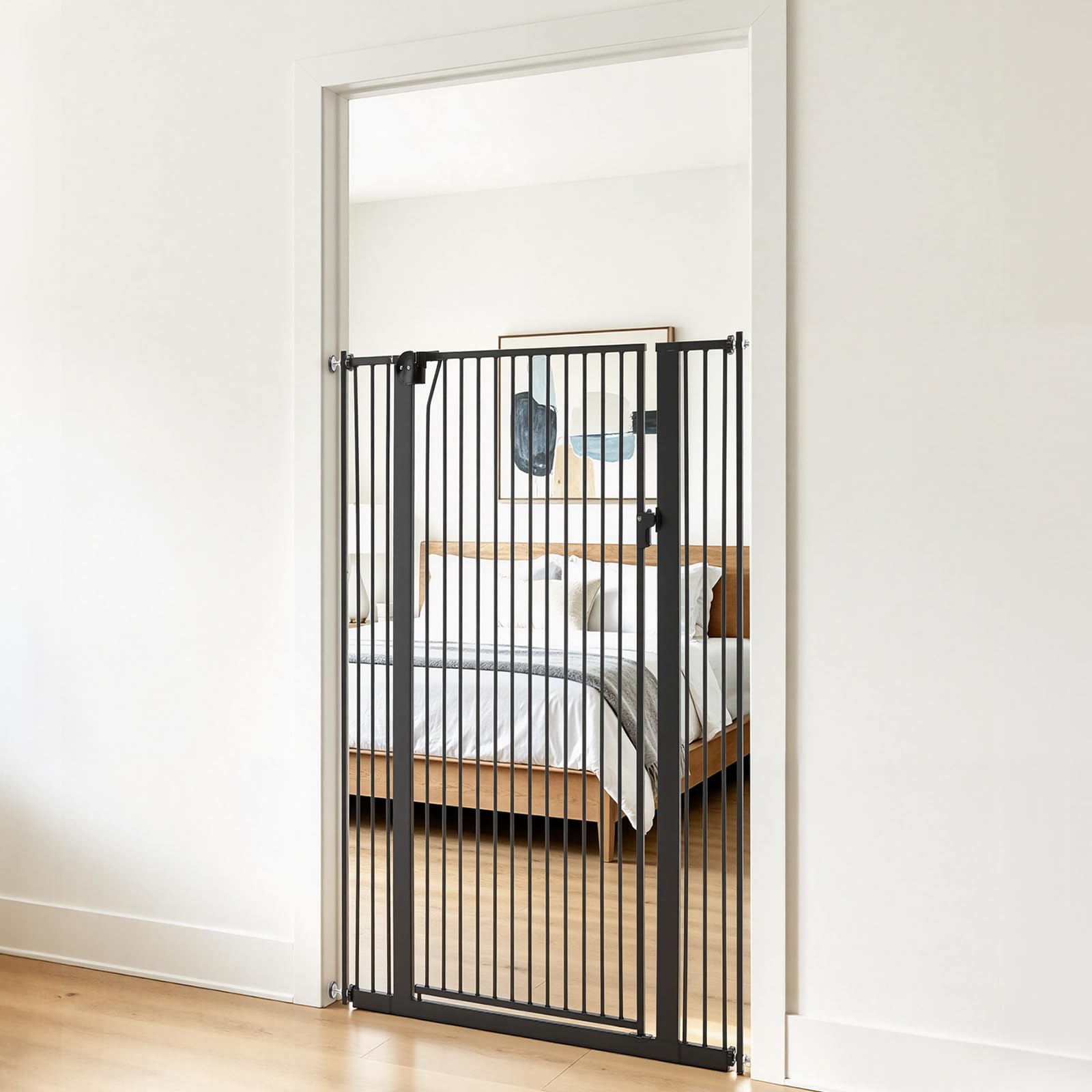 VEVOR Barrière de Sécurité pour Animaux Très Haute, Largeur Réglable 74-105 cm, Porte Chien Hauteur 142 cm, Barreaux Espacés 33 mm, Fixation par Pression ou Murale, pour Escaliers Portes Maison, Noir