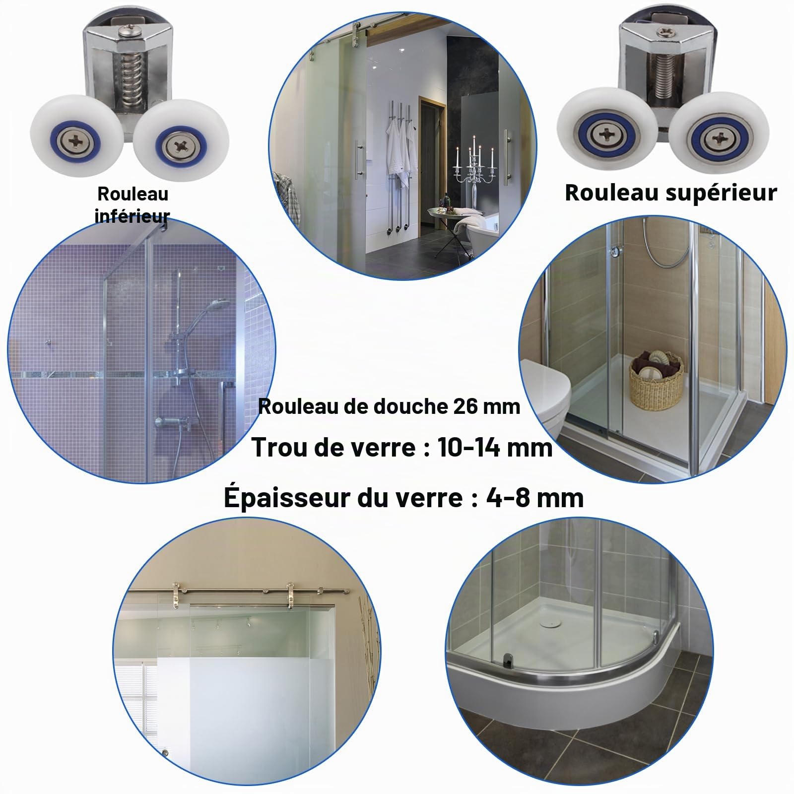4pcs 26mm Roulette Porte De Douche, 26mm Rouleau De Porte De Douche Dans Portes De Douche, Roulette Porte Coulissante Douche Pour Trou De Verre De 4-8mm