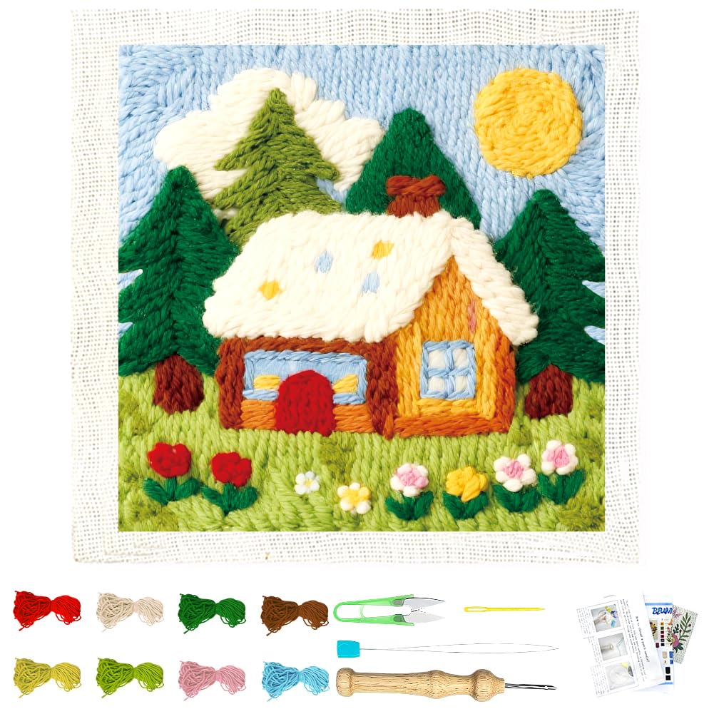 Forest House Stanznadel-Set für Erwachsene Anfänger, komplettes Bastelset mit Nadel, Rahmen, Garn und Muster, Erstellen Sie Wandbehang, Weihnachtswandkunstherstellung, 23,9 x 23,9 cm