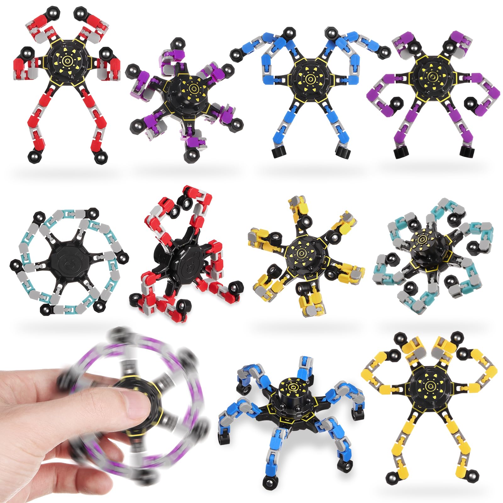 Ainiv Deformable Robot Fidget Spinner Toys, 10 PCS Transformable Chain Finger Hand Spinner, Funny Creative DIY Deformation Fingertip Stress Relief Fidget Toy for Teens Adults Party Favor